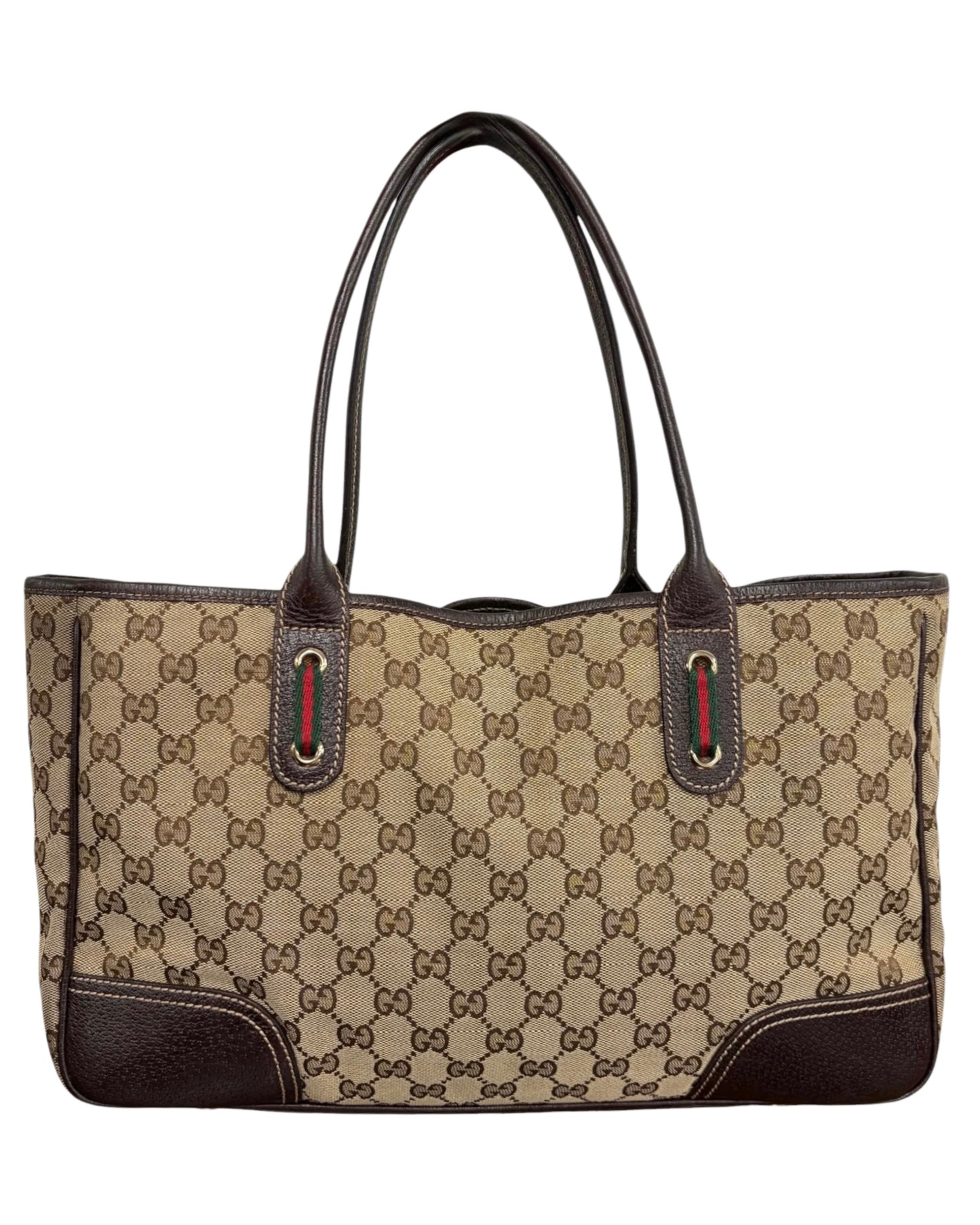 Gucci Vintage Brown GG Monogram Medium Princy Shoulder Tote Bag with Webb Stripe Bow