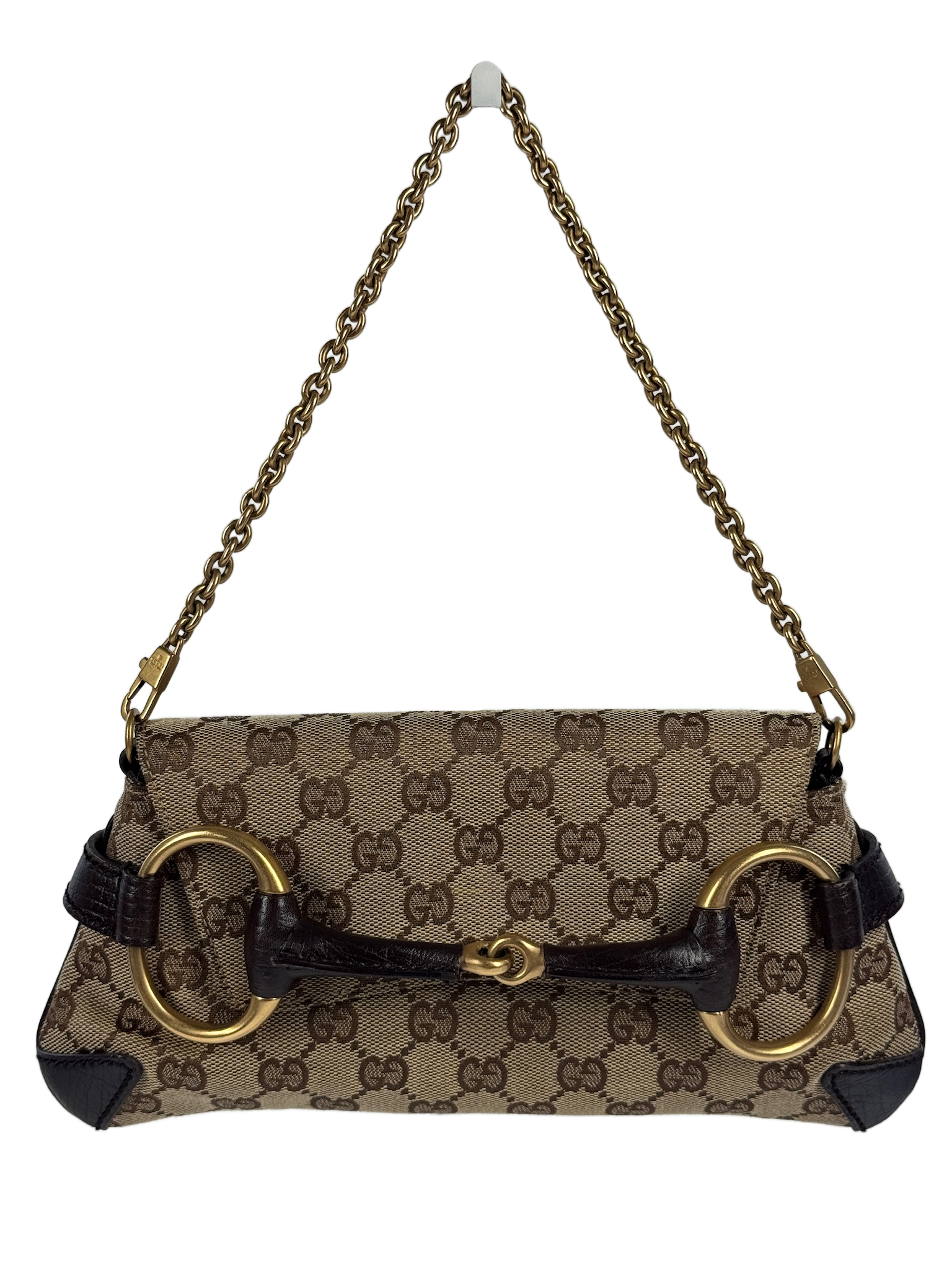 Gucci Vintage Brown GG Monogram Horsebit Small Chain Shoulder Clutch Bag