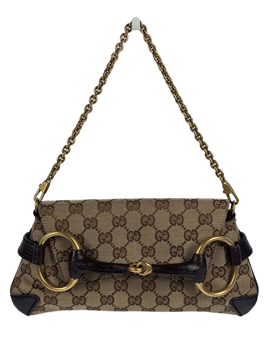 Gucci Vintage Brown GG Monogram Horsebit Small Chain Shoulder Clutch Bag