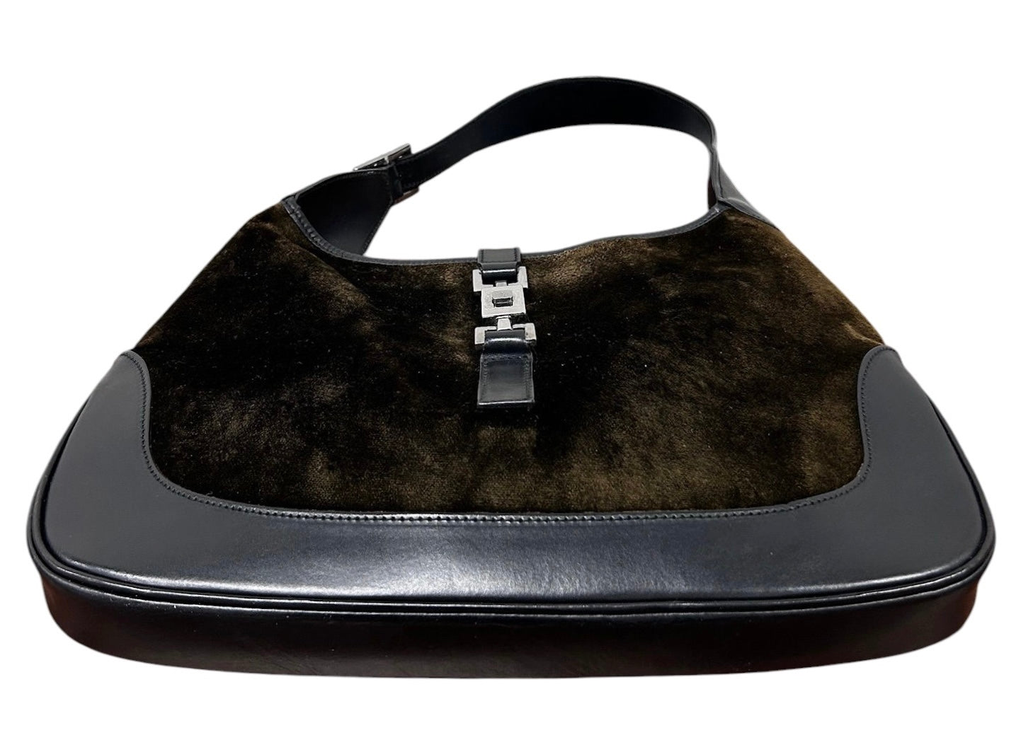 Gucci Vintage Dark Green Velour Black Leather Trim Medium Jackie Shoulder Bag