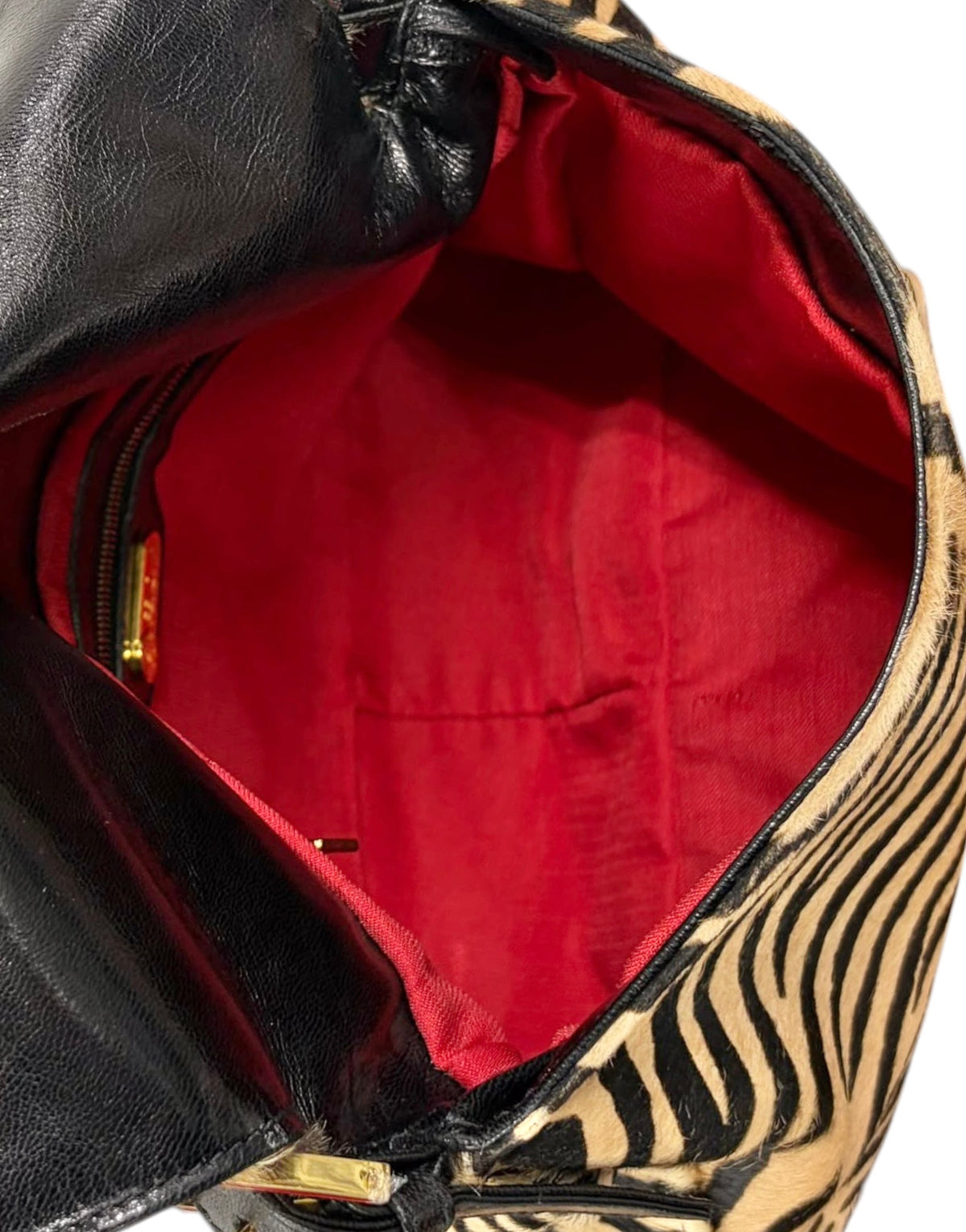 Fendi Vintage Beige Zebra Print Pony Hair Mamma Baguette Shoulder Bag with Red Enamel Trim