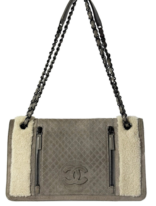 Chanel Gray Quilted Suede & Ivory Shearling Shoulder Flap Bag
