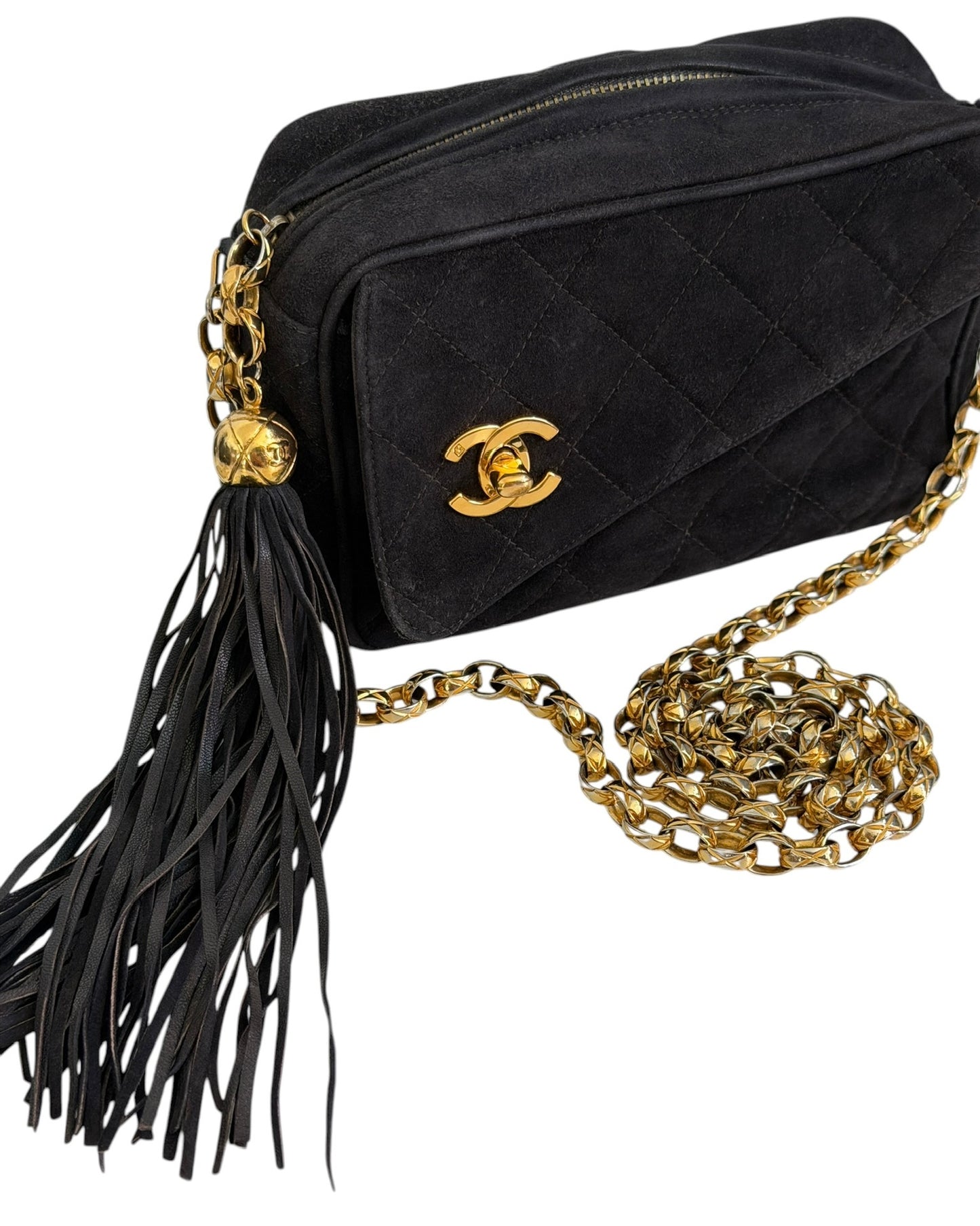 Chanel Vintage 1992 Black Quilted Suede Tassel Camera Bag with 24K GPHW 