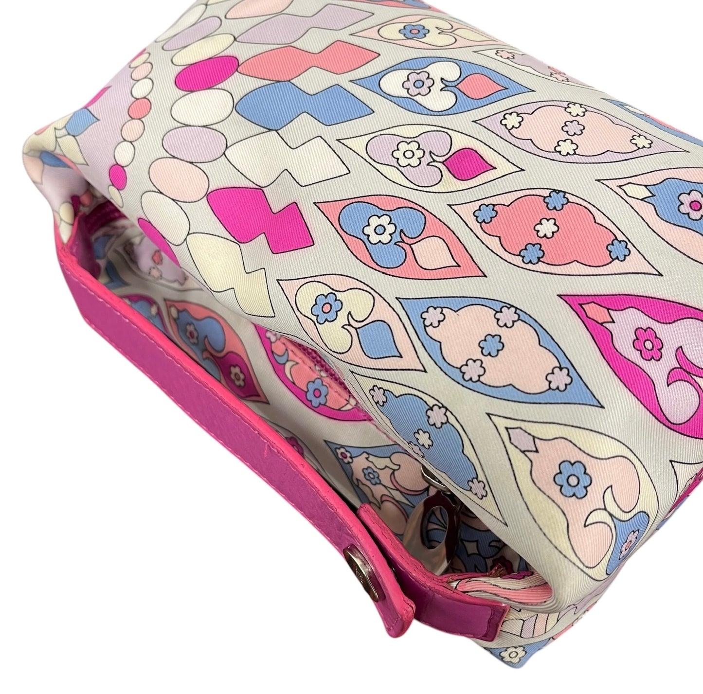 Pucci Vintage Pink & Blue Satin Mini Cosmetic Top Handle Pochette Bag 
