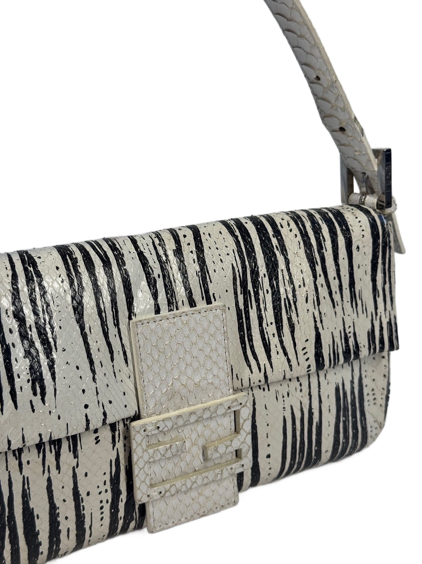 Fendi Vintage White & Black Zebra Print Snakeskin Baguette Shoulder Bag