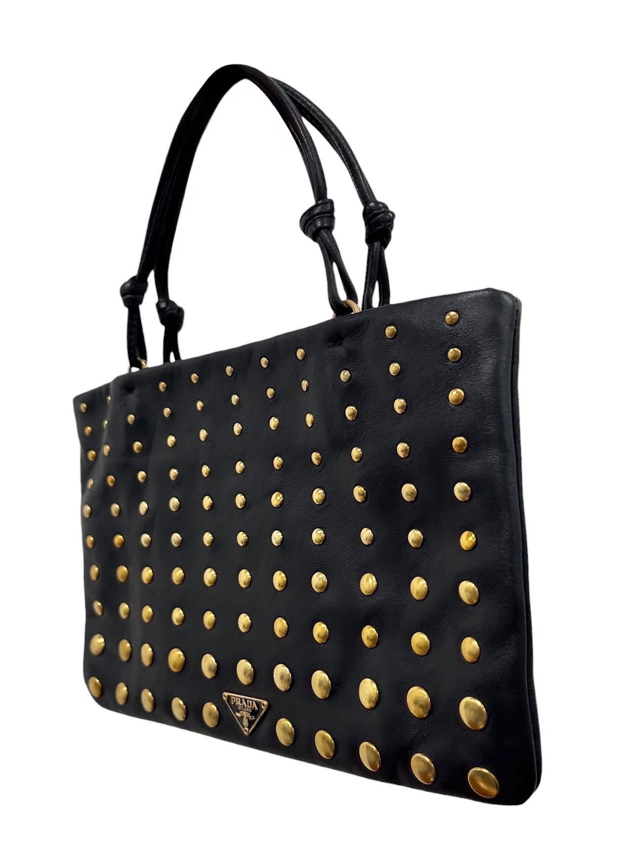 Prada Vintage Black Lambskin Gold Studded Mini Top Handle Pochette