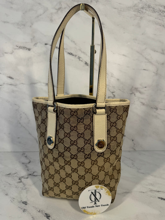 Gucci Vintage Brown GG Monogram Canvas with Ivory Leather Trim Mini Charmy Shoulder Tote Bag