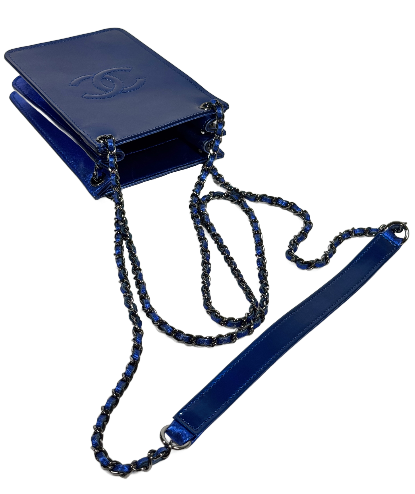 Chanel 2014 Cobalt Blue Metallic Patent Leather Phone Holder Shoulder Crossbody Bag