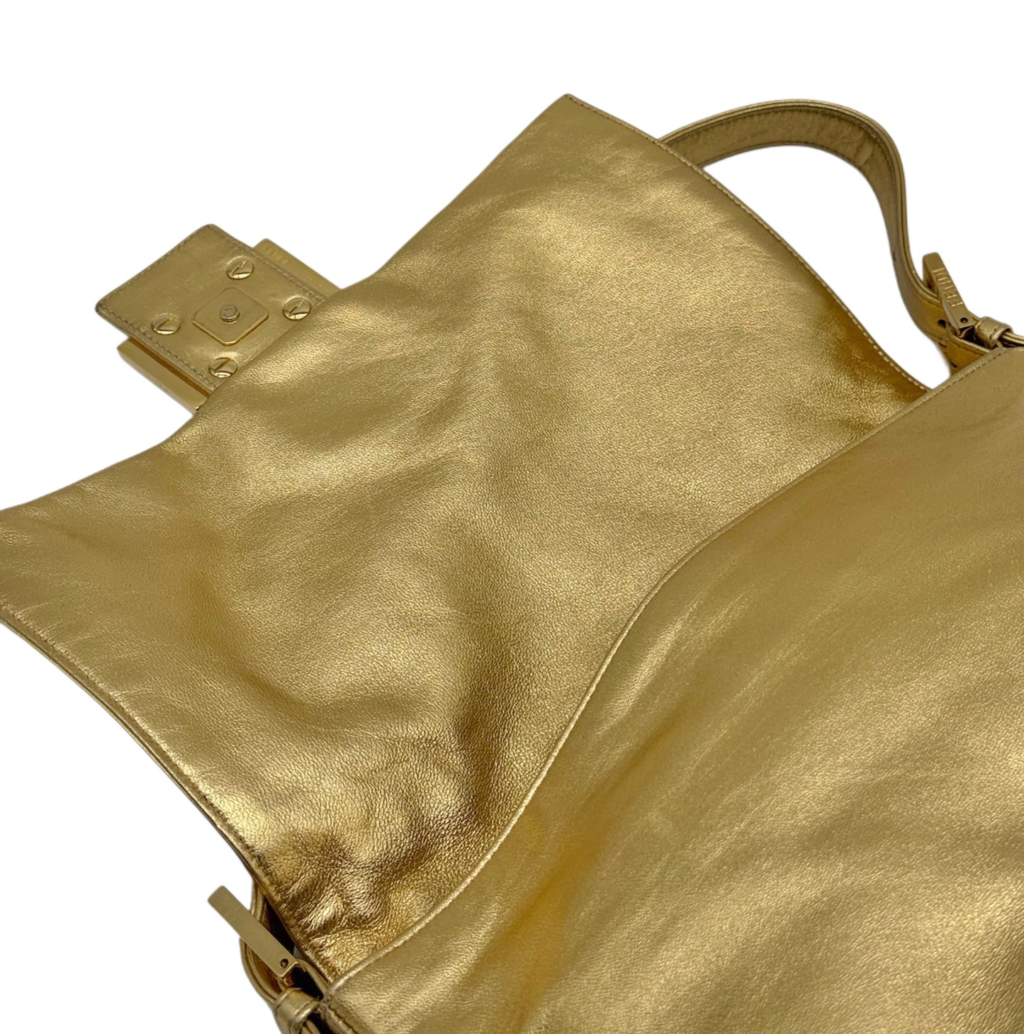Fendi Vintage Gold Lambskin Leather Crystal Logo Mamma Shoulder Baguette Bag