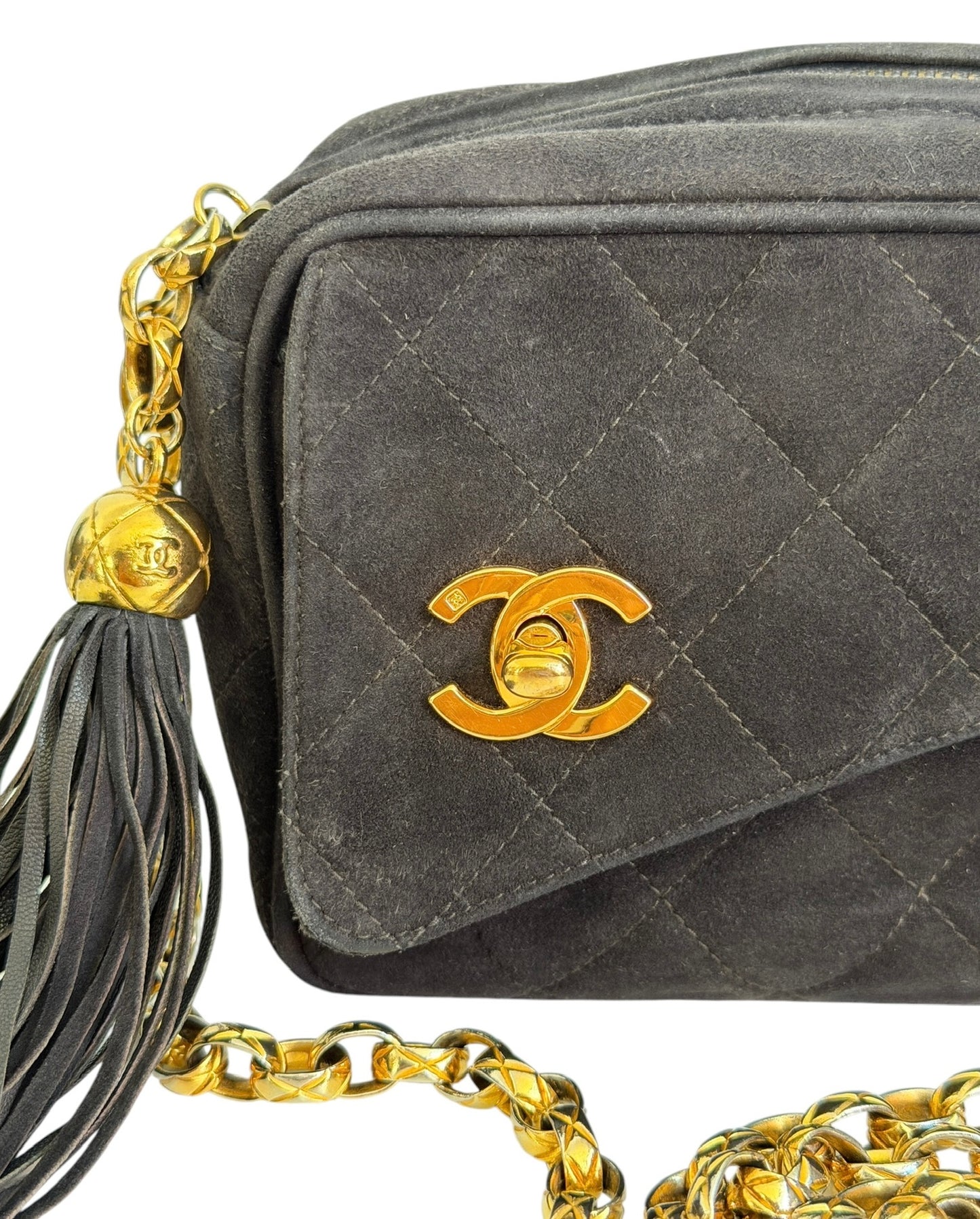 Chanel Vintage 1992 Black Quilted Suede Tassel Camera Bag with 24K GPHW 