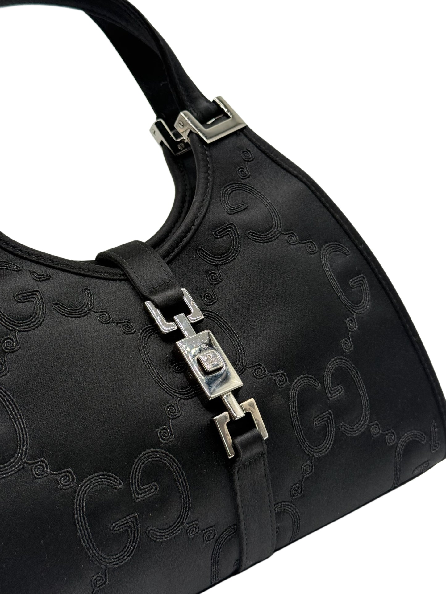 Gucci Vintage Black Satin Embroidered GG Monogram Mini Jackie Evening Bag