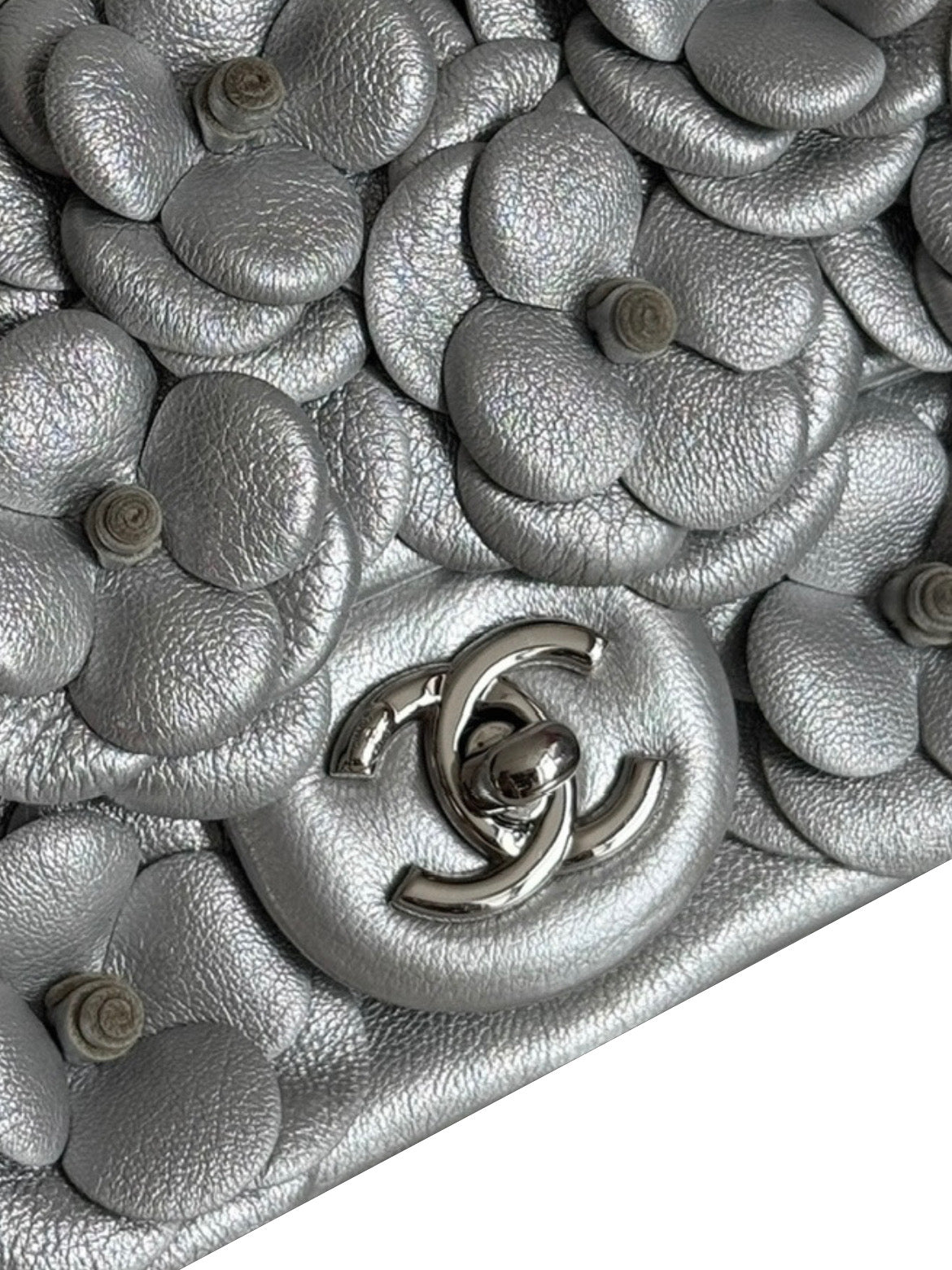 Chanel 2016 Metallic Silver Camellia Floral Lambskin Appliqué Classic Mini Rectangular Flap Bag
