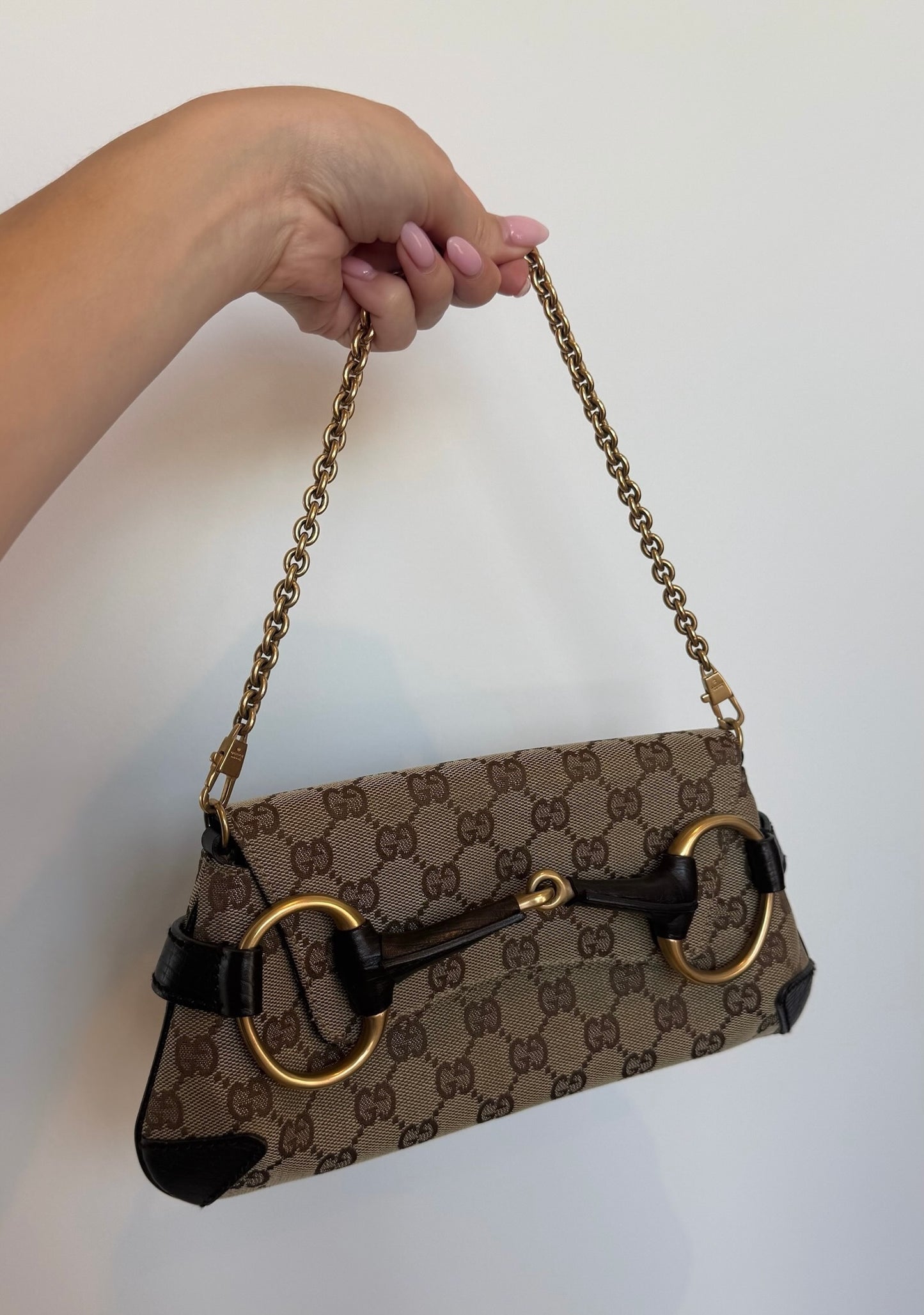 Gucci Vintage Brown GG Monogram Small Horsebit Shoulder Clutch Bag