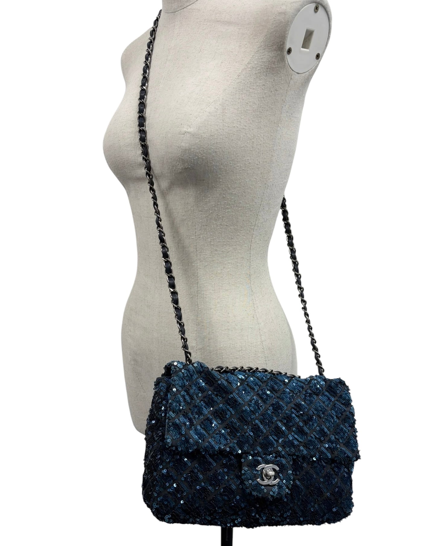 Chanel 2012 Navy Blue Quilted Sequin Medium Single Flap Bag with Silver Hardware