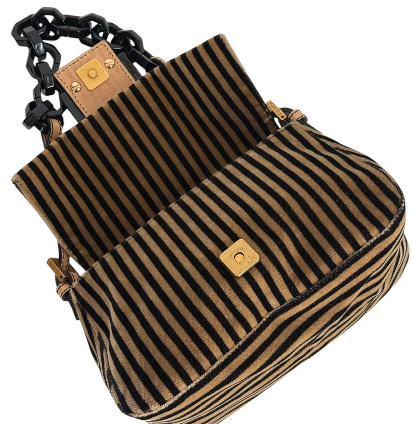 Fendi Vintage Velour Velvet Beige & Black Striped Chain Link Mini Mamma Shoulder Baguette Bag with Acrylic Chain Handle 