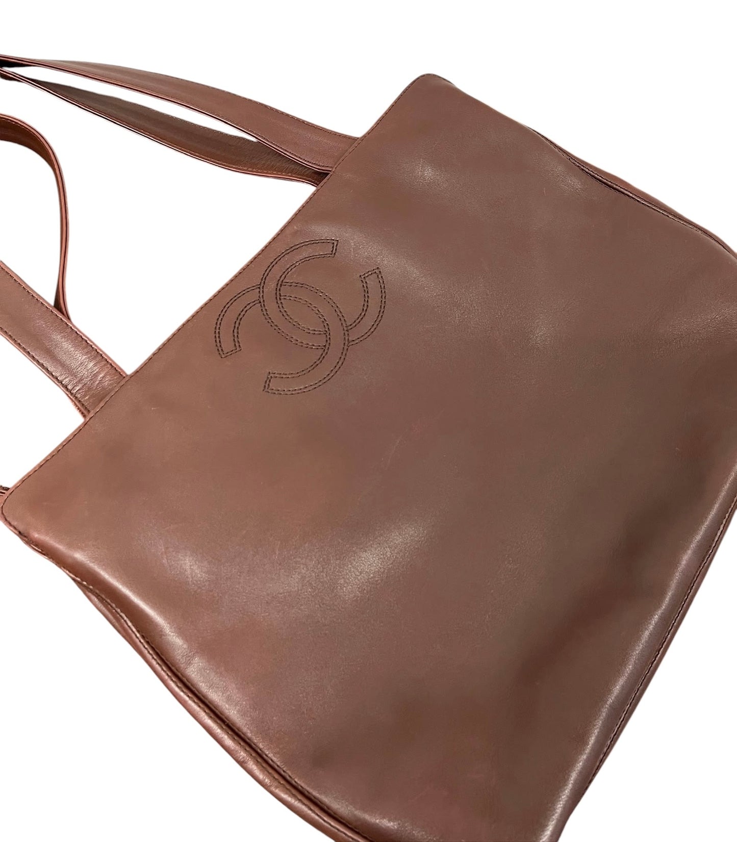 Chanel Vintage 00s Brown Lambskin CC Logo Medium Shoulder Tote Bag