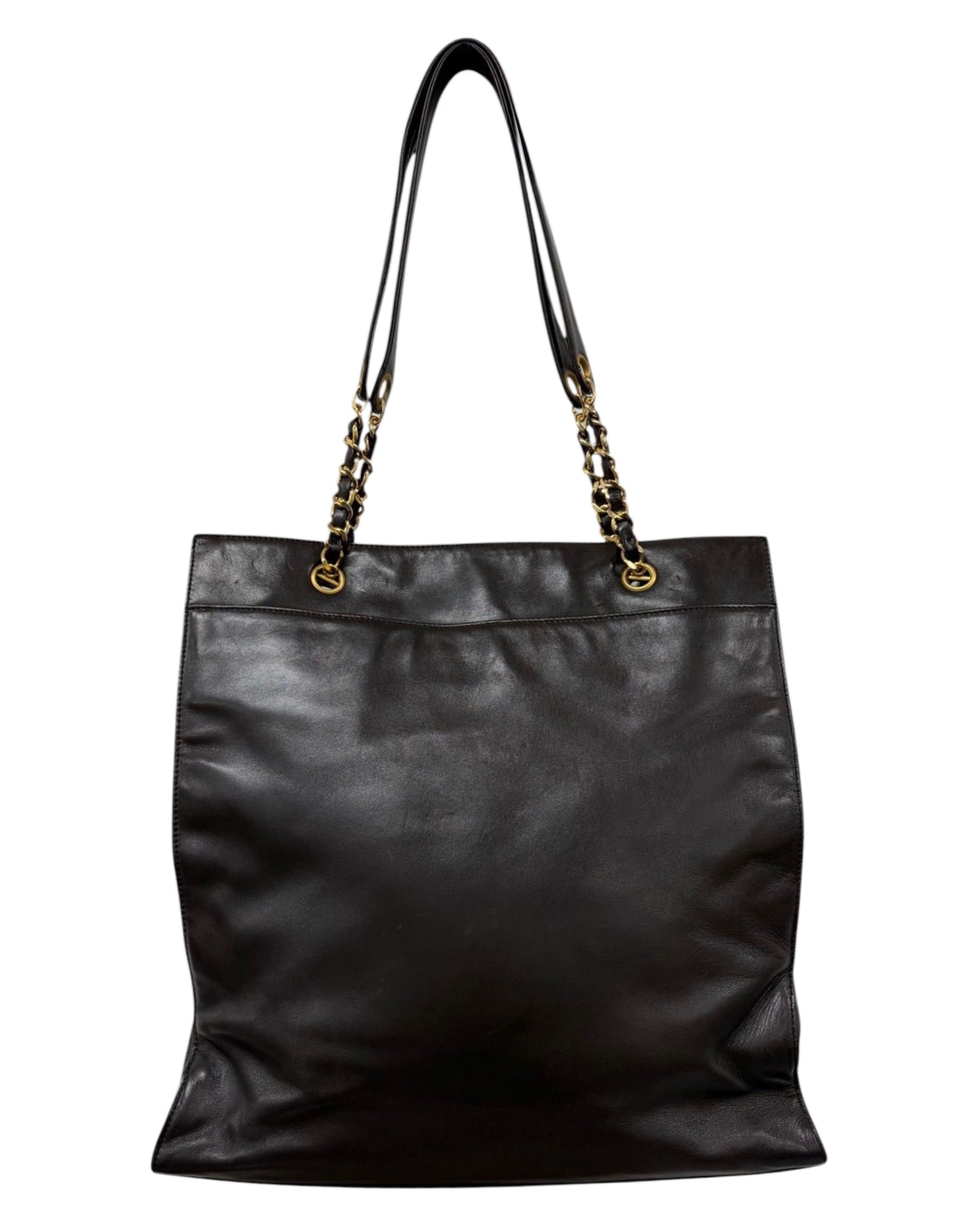 Chanel Vintage 90s Dark Brown Lambskin Timeless CC Large Shoulder Drop Chain Tote Bag