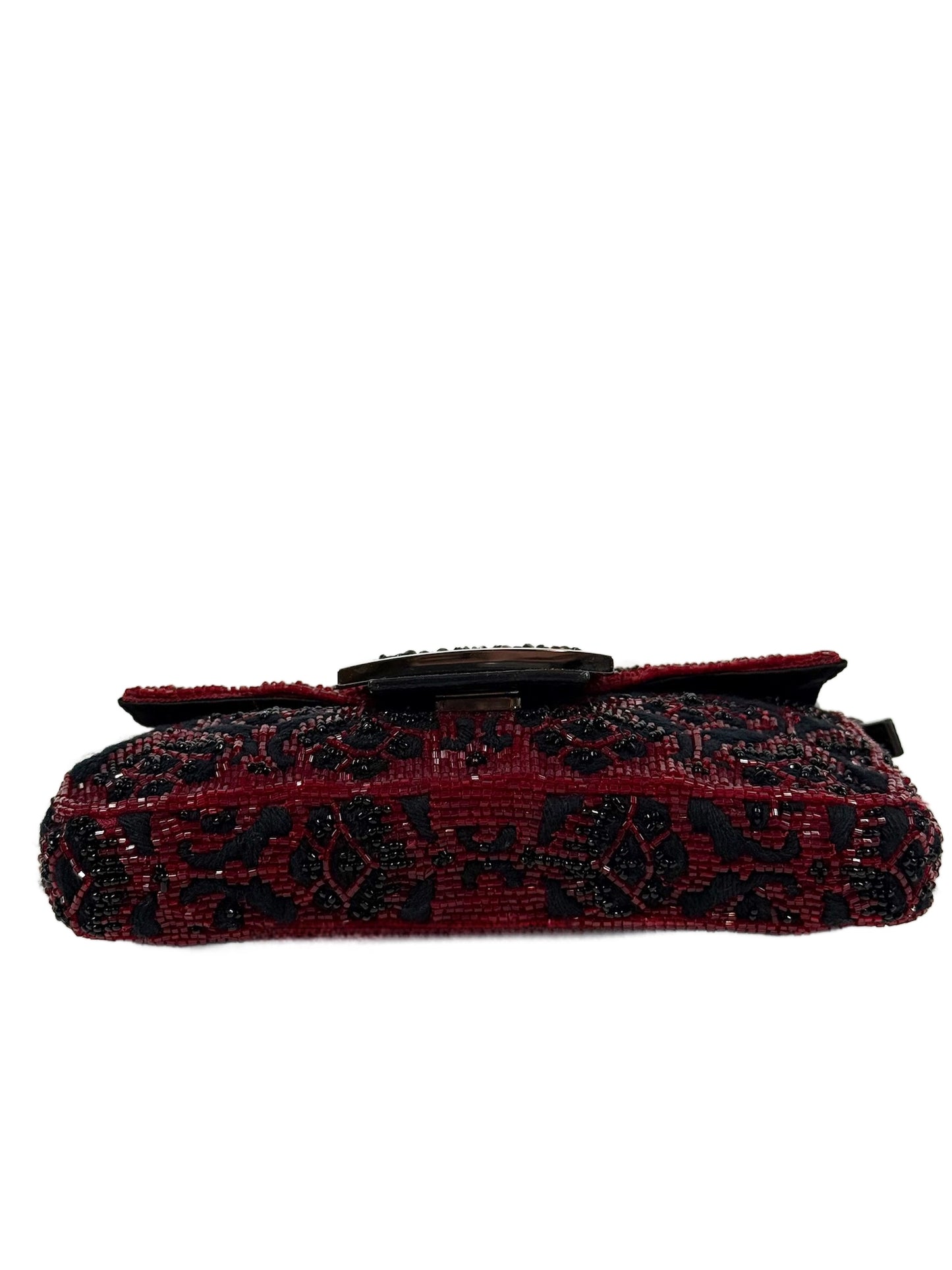 Fendi Vintage Red & Black Beaded Lizard Trim Crystal Embellished Mini Baguette Bag