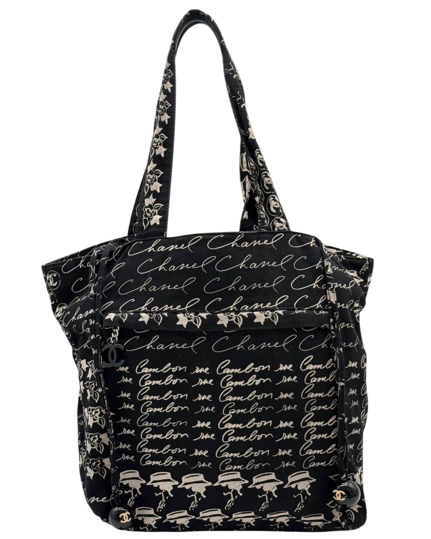 Chanel Vintage 00s Black Canvas Coco Cambon Logo Tote Shoulder Bag