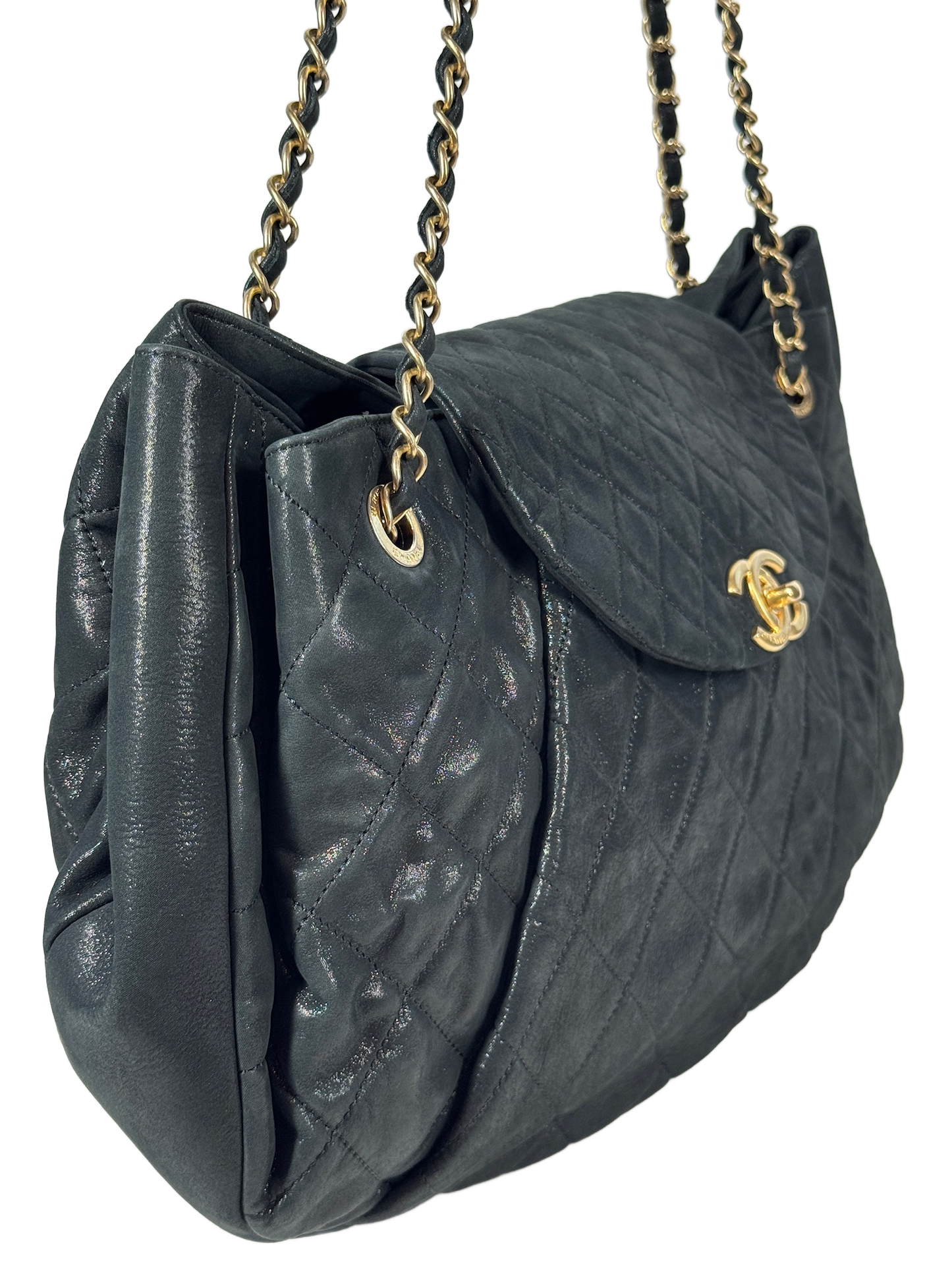 Chanel 2011 Iridescent Turquoise Crinkled Calfskin Quilted Accordion Shoulder Tote Bag