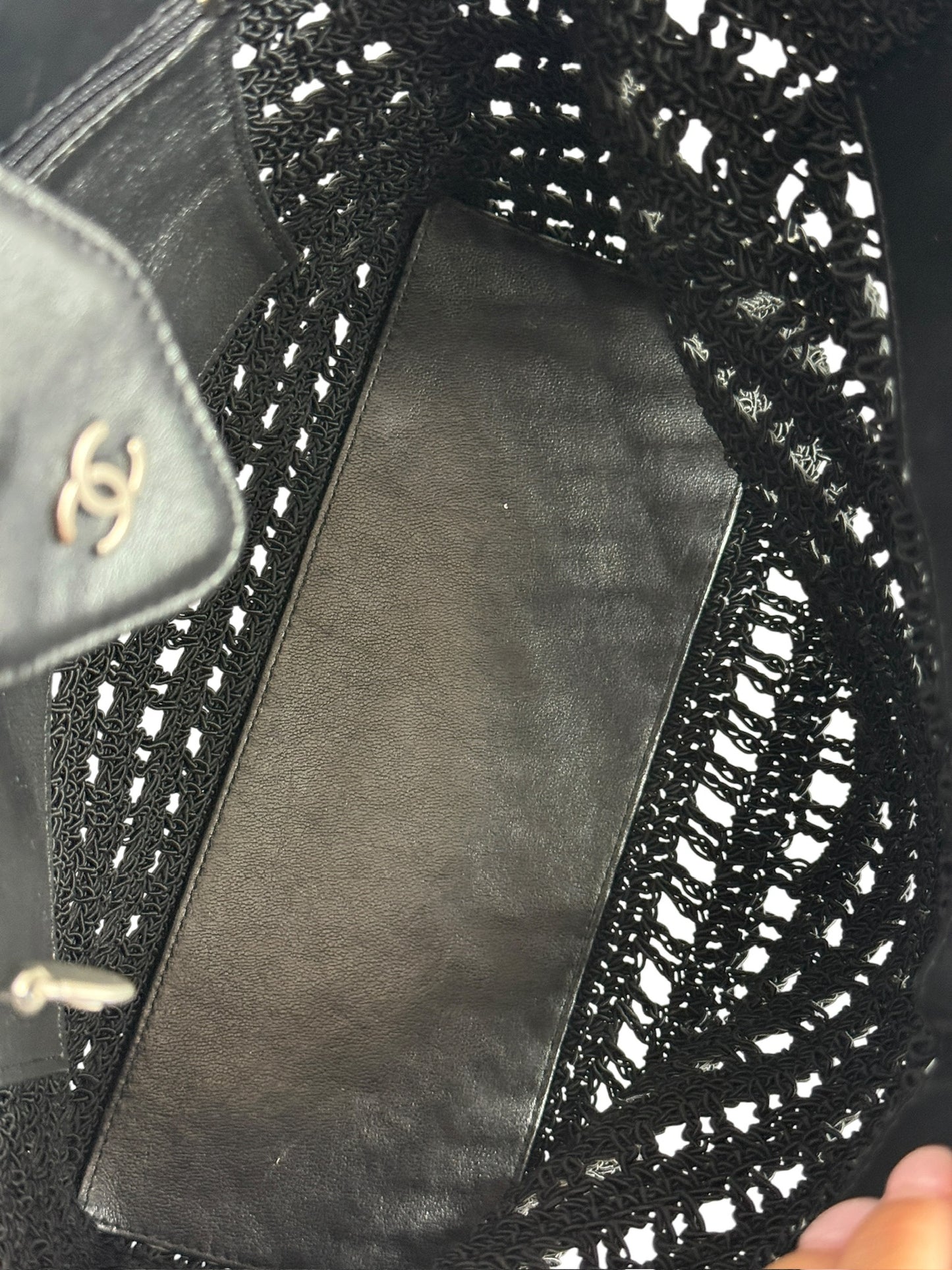 Chanel Vintage 90s Black Woven Crochet Knit CC Shoulder Tote Bag with Lambskin Trim 