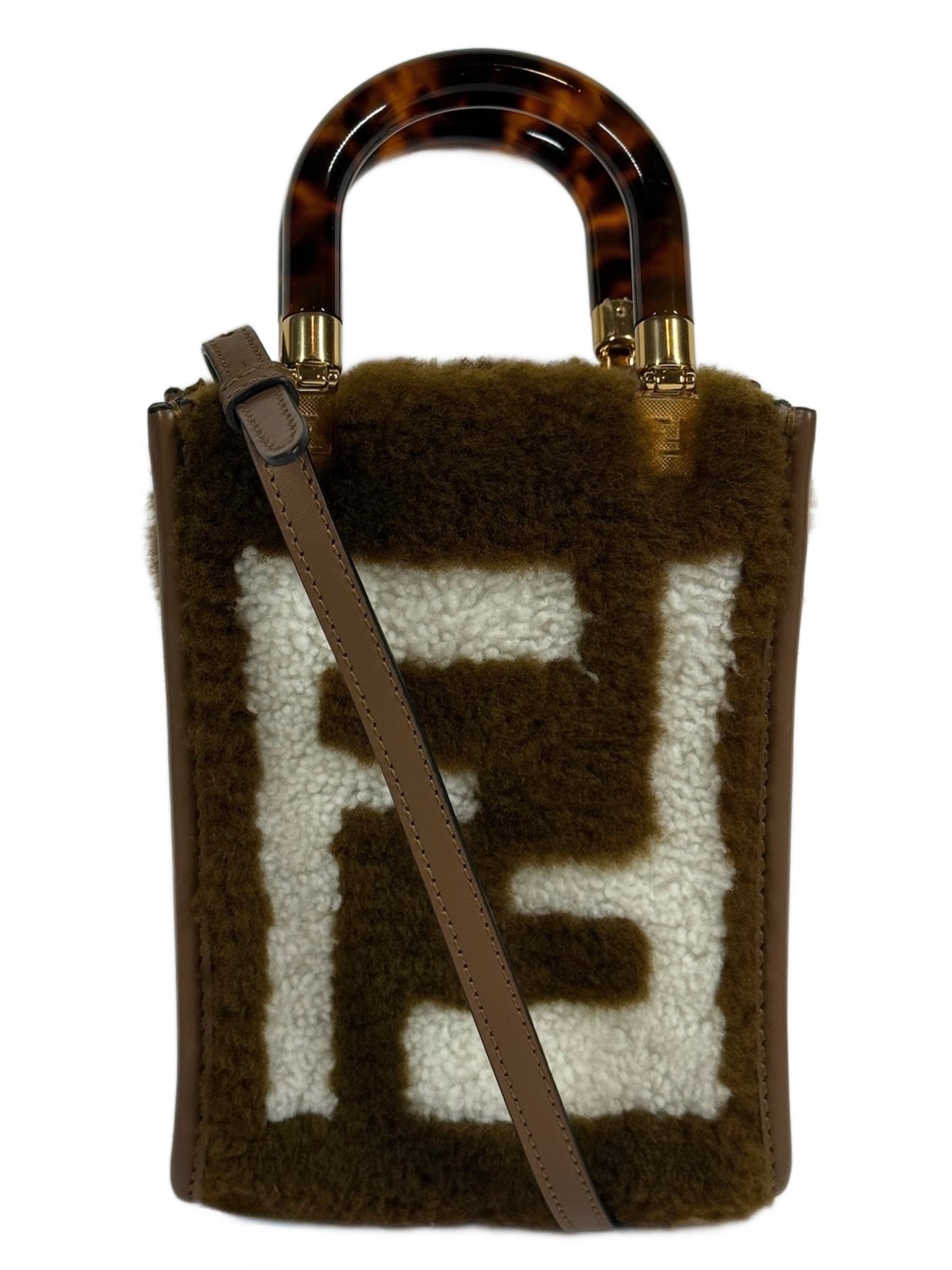 Fendi Brown Sherpa Mini Sunshine Shopper Tote 2-Way Bag