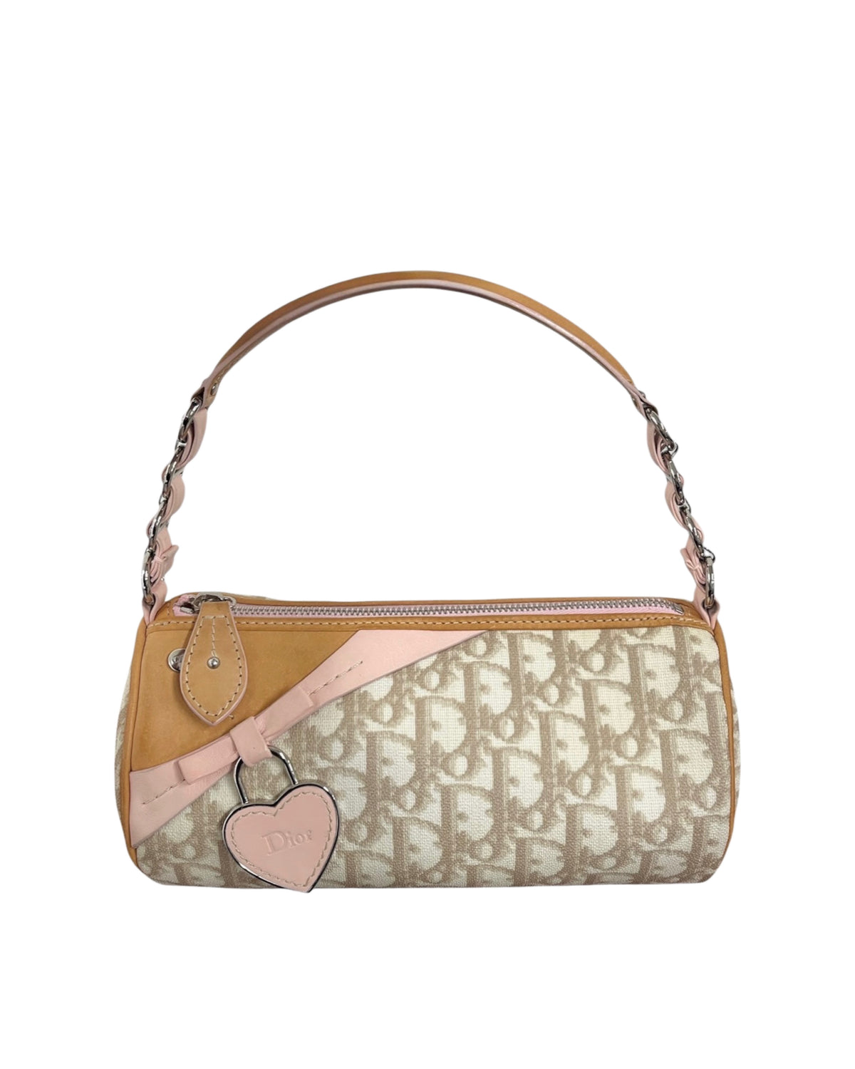 Dior Vintage 2007 Beige Diorissimo Monogram Romantique Pink Heart Mini Barrel Pochette Bag