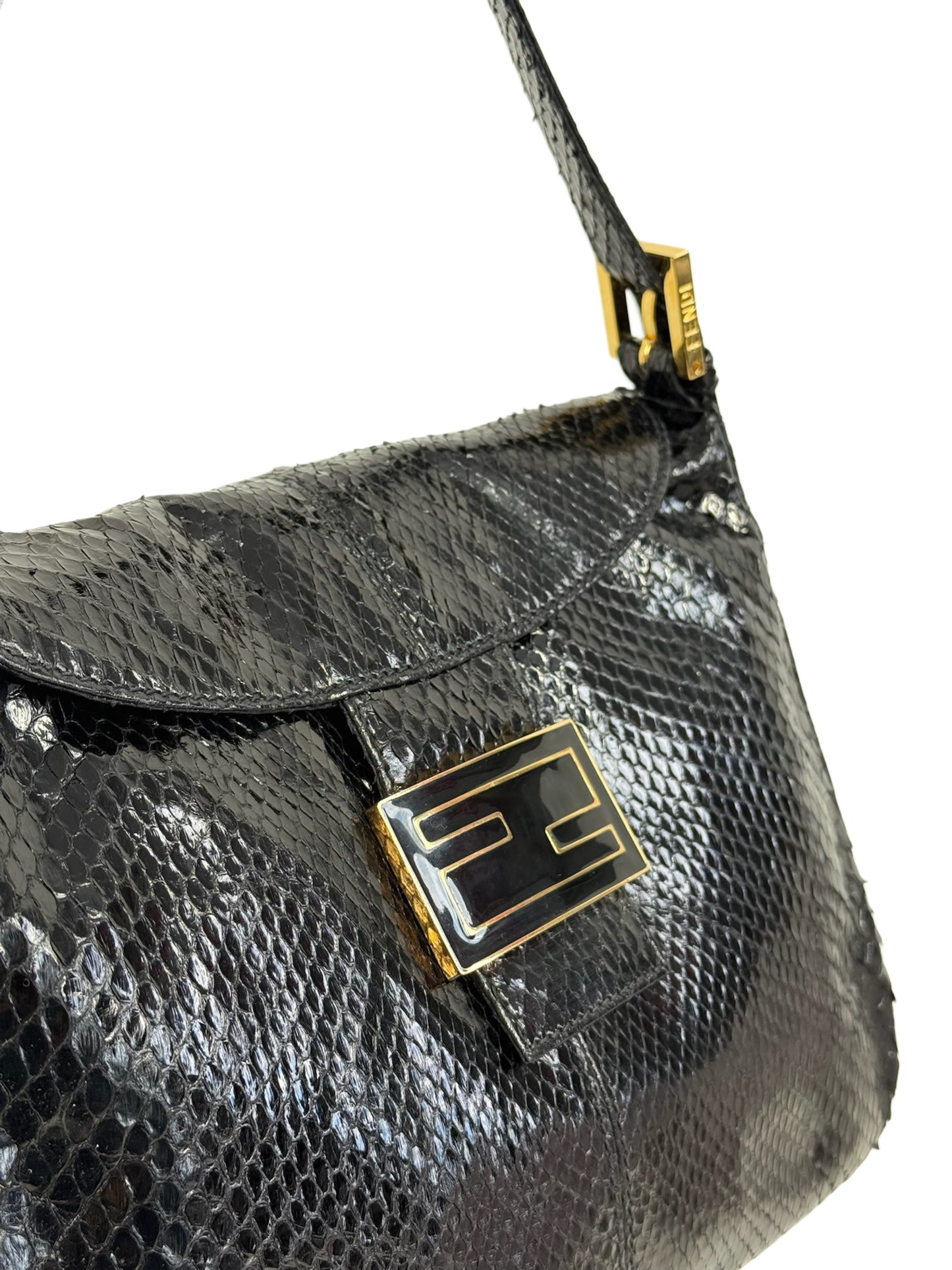 Fendi Vintage Black Snakeskin Double Flap Small Hobo Shoulder Baguette Bag