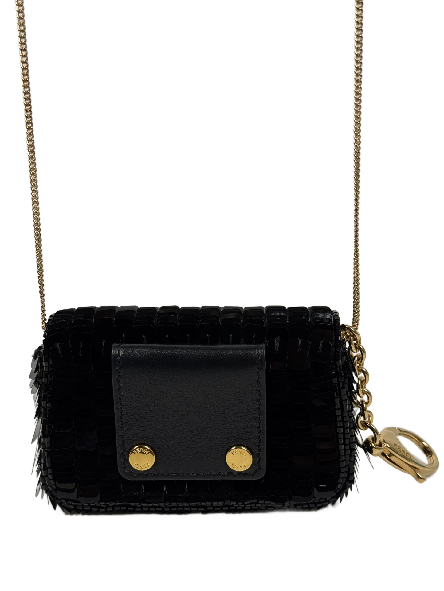 Fendi Black Shiny Sequin Paillettes Nappa Sex and the City Nano Baguette Crossbody Bag and Belt Charm