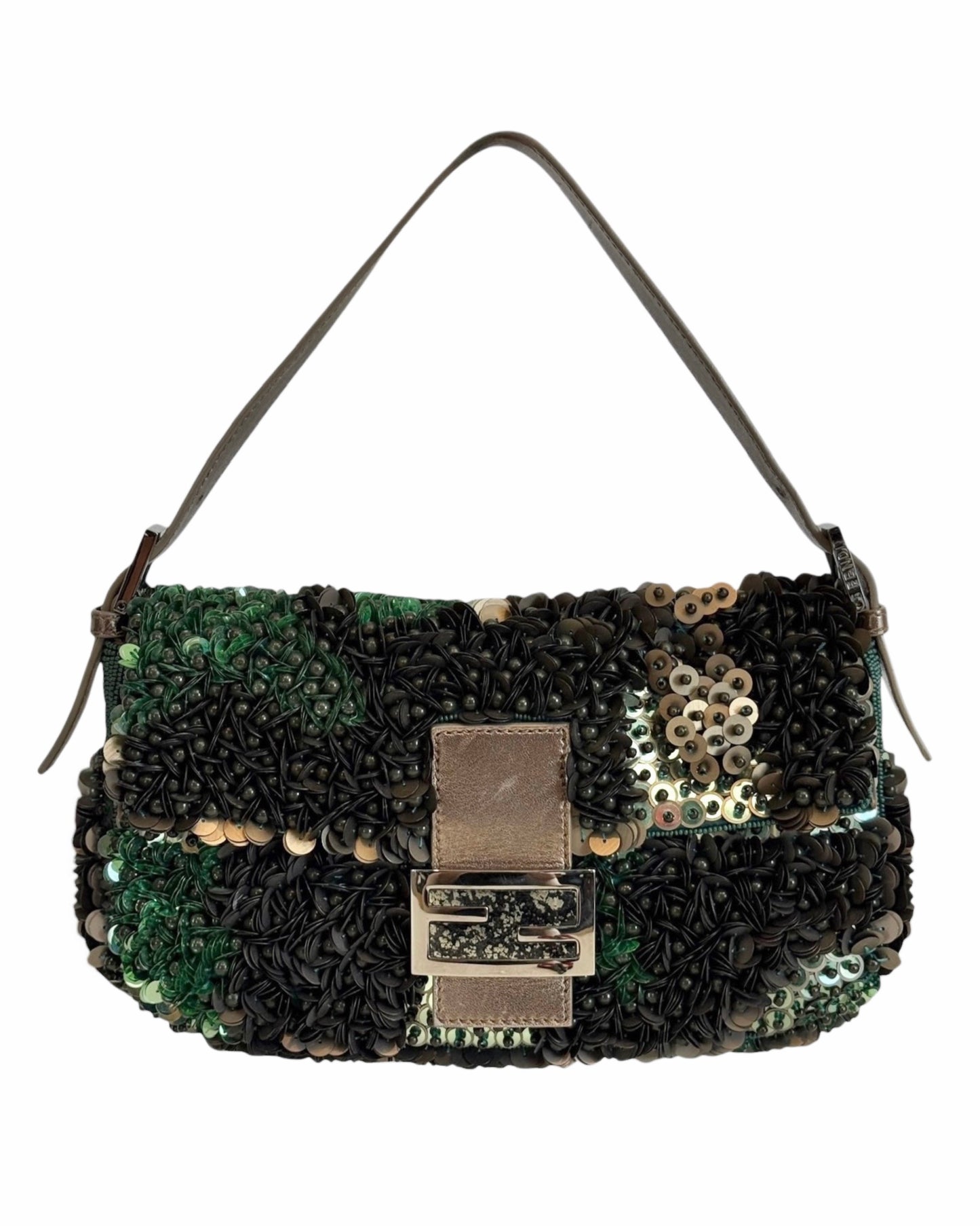 Fendi 2013 Camo Green 3D Beaded Sequin Embellished Shoulder Baguette Shoulder with Gunmetal Hardware