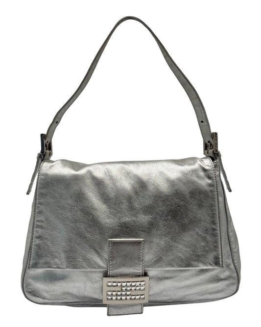 Fendi Vintage Metallic Silver Lambskin Leather Crystal Logo Mamma Shoulder Baguette Bag