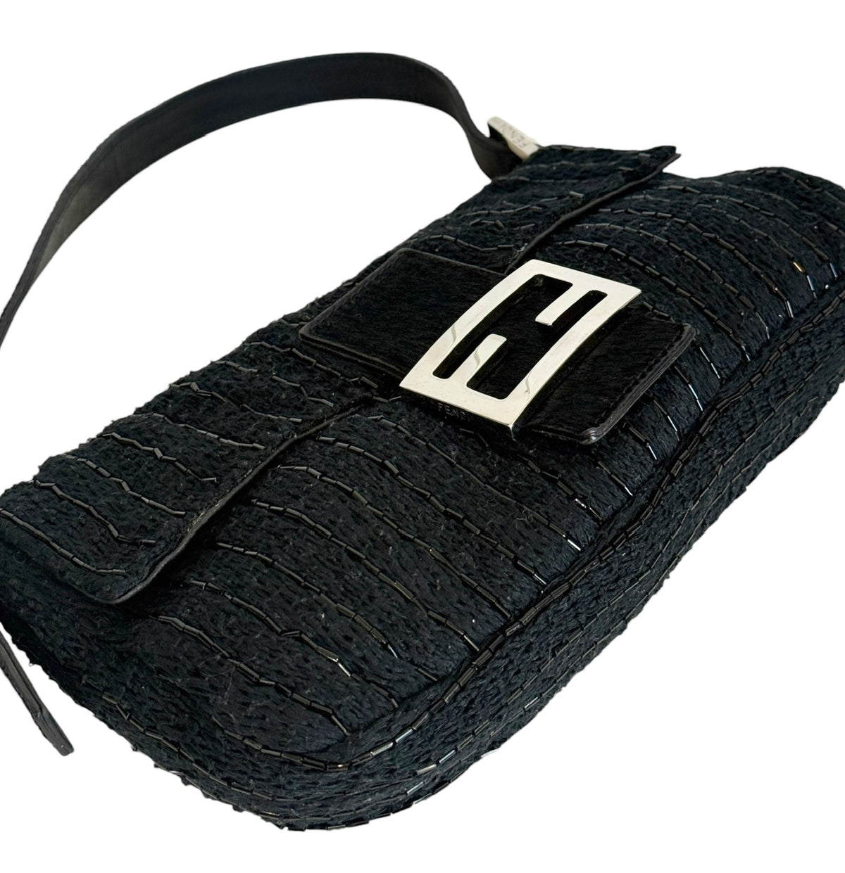 Fendi Vintage Black Knit Striped Beaded Embroidered Shoulder Baguette Bag with Pony Hair Trim