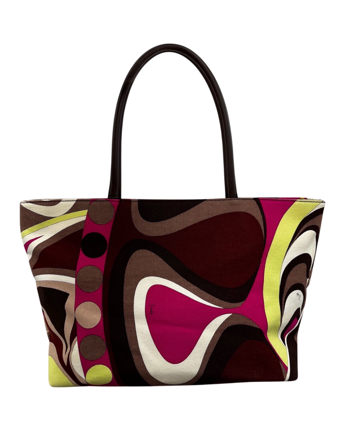 Emilio Pucci Vintage Fuchsia Green Burgundy Canvas and Leather Small Shoulder Tote Bag