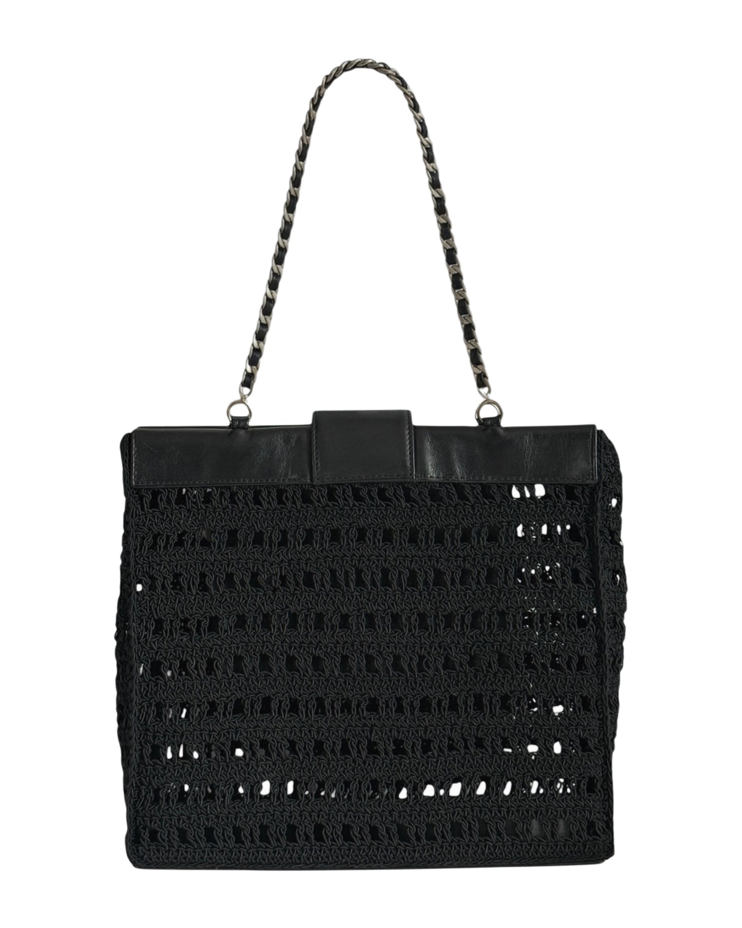 Chanel Vintage 90s Black Woven Crochet Knit CC Shoulder Tote Bag with Lambskin Trim 