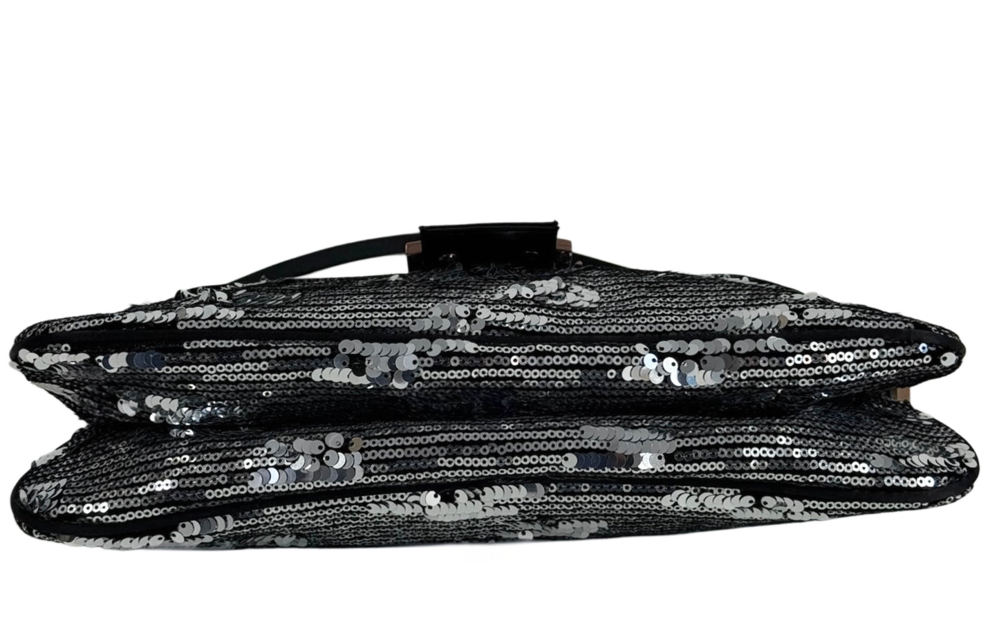 Fendi Vintage Silver Sequin Black Satin Trim Double Flap Baguette w Rose Gold Hardware