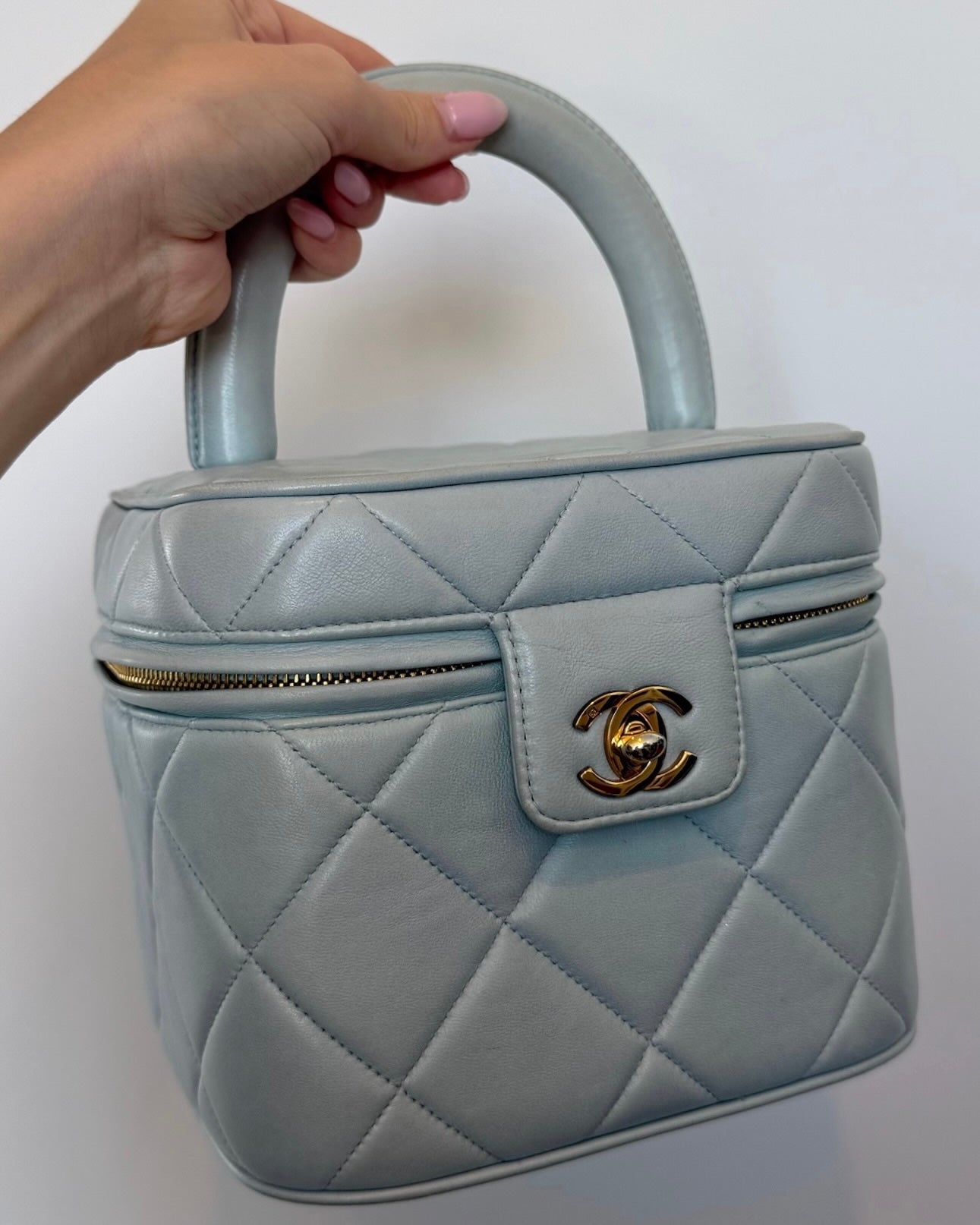 Chanel Vintage 90s Baby Blue Quilted Lambskin Top Handle Vanity Bag w 24K GPHW