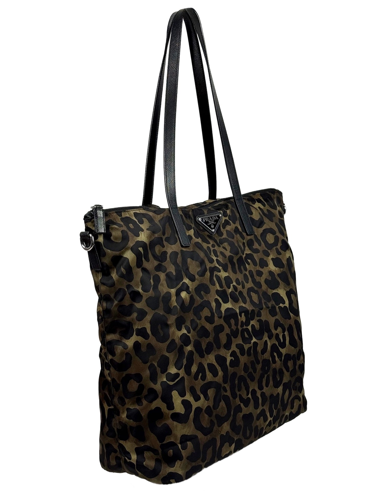 Prada Vintage Black & Green Nylon Leopard Print Tessuto Shoulder Tote Bag