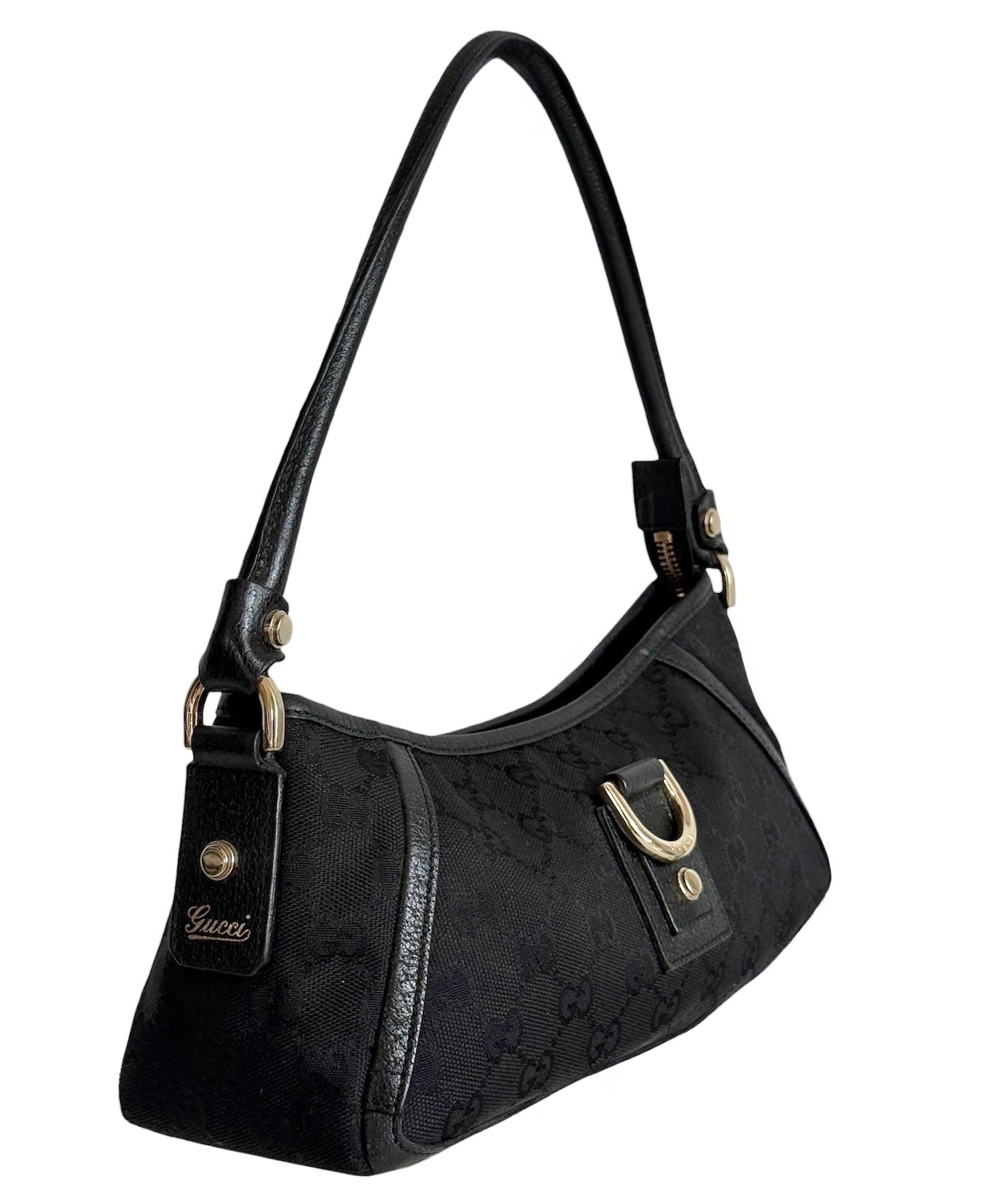 Gucci Vintage Black GG Monogram Canvas Round D Ring Abbey Pochette Shoulder Bag