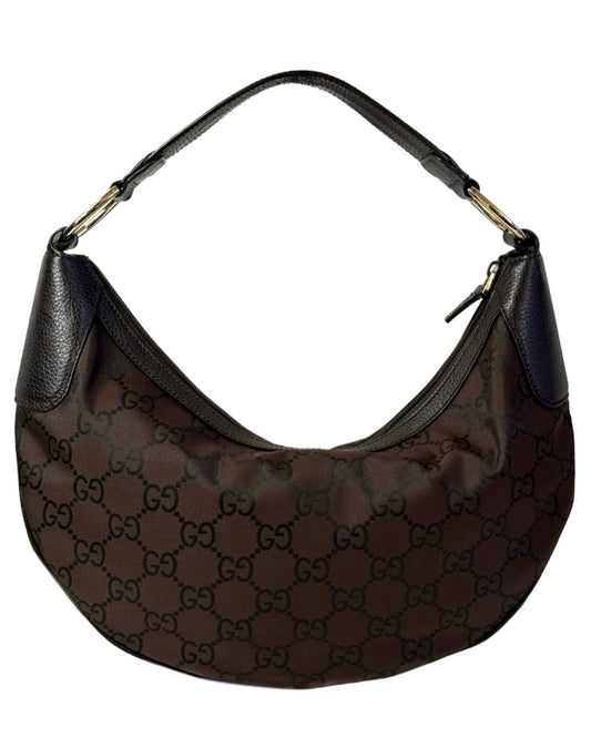 Gucci Vintage Dark Brown Satin GG Monogram Leather Trim Small Half Moon Hobo Shoulder Bag