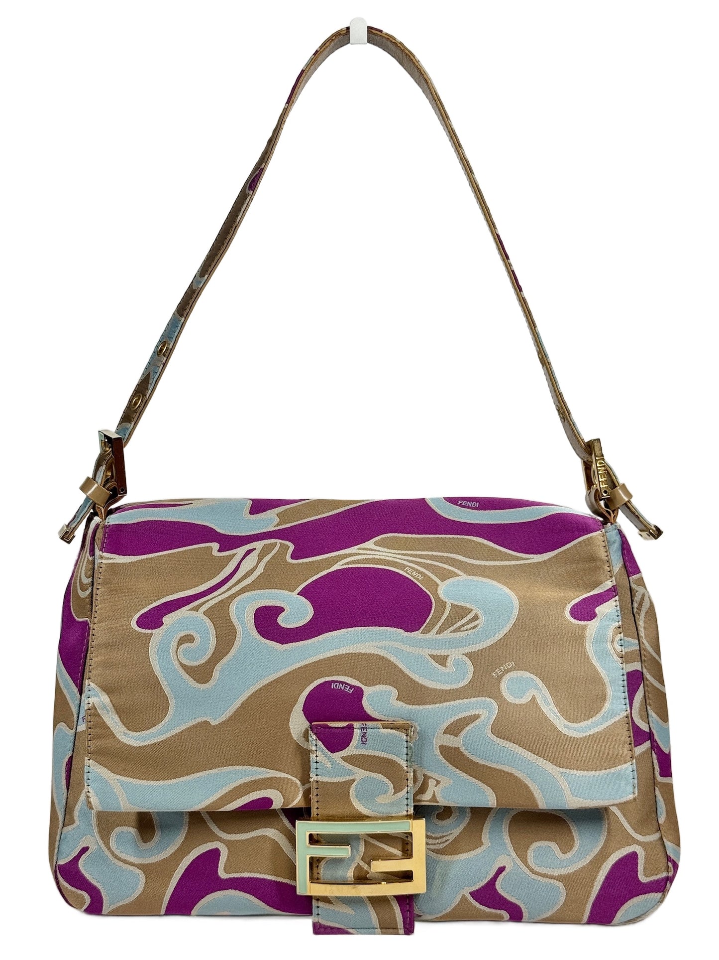 Fendi Vintage Psychedelic Swirl Purple Blue Beige Marble Mamma Baguette Shoulder Bag 