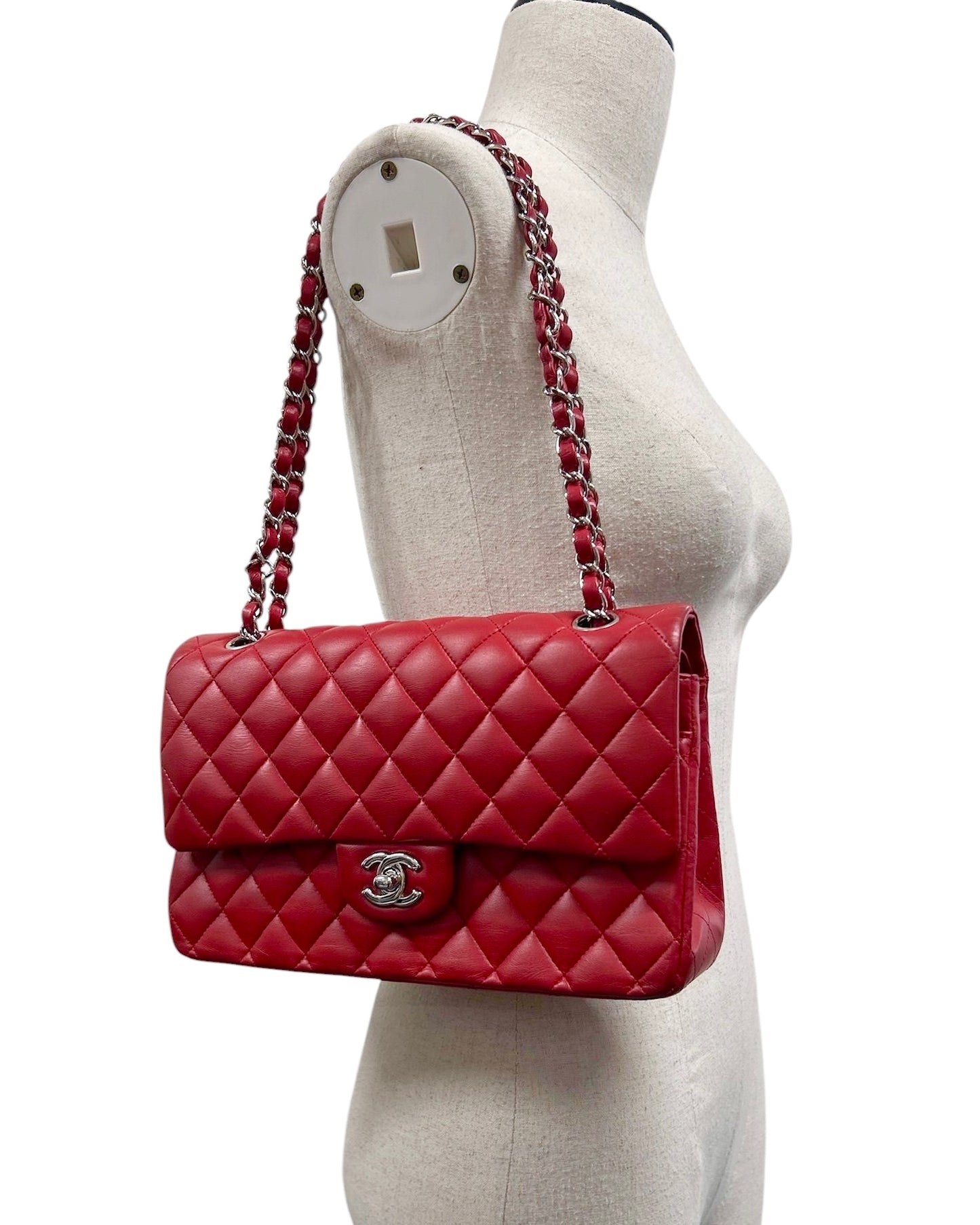 Chanel Red Quilted Lambskin Medium Classic Double Flap Bag with Silver Hardware