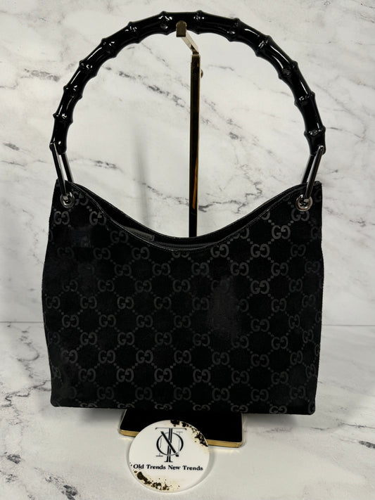 Gucci Vintage Black Embossed Suede GG Monogram Bamboo Top Handle Hobo Bag