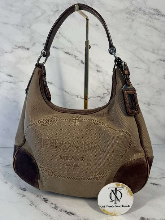 Prada Vintage Brown Jacquard Canapa Canvas Shoulder Hobo Bag