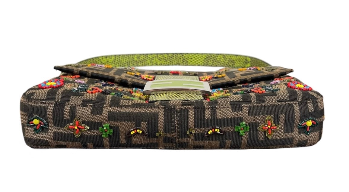 Fendi Vintage Brown Zucca Monogram Floral Beaded Green Lizard Trim Shoulder Baguette Bag