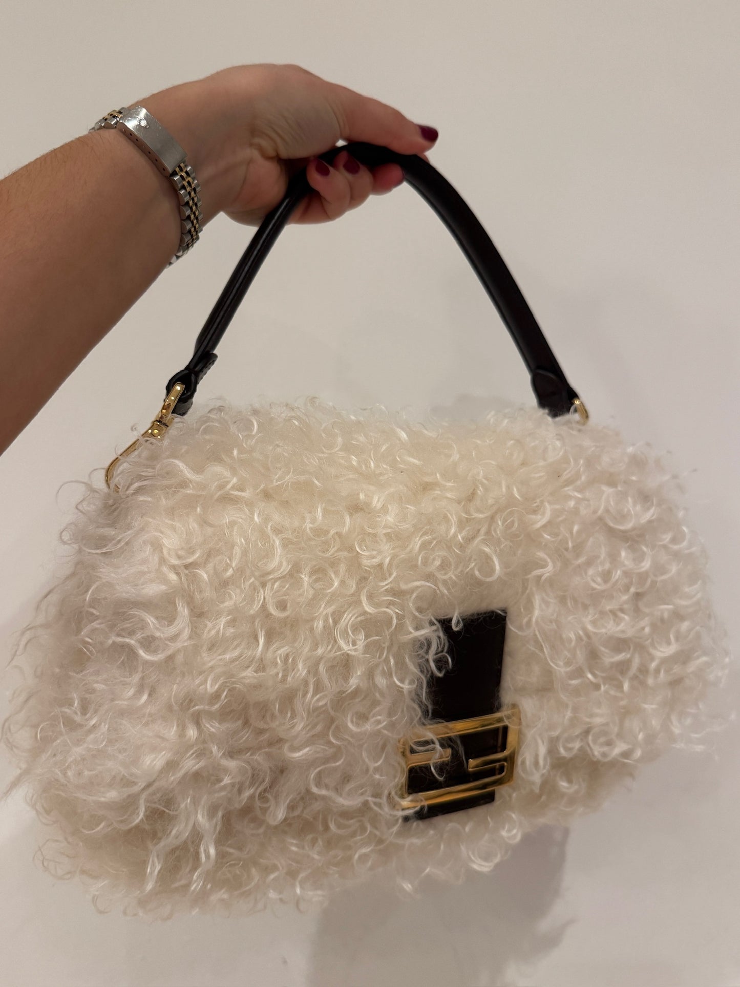 Fendi Ivory Fur Effect Mohair Wool Medium Shoulder Baguette Bag
