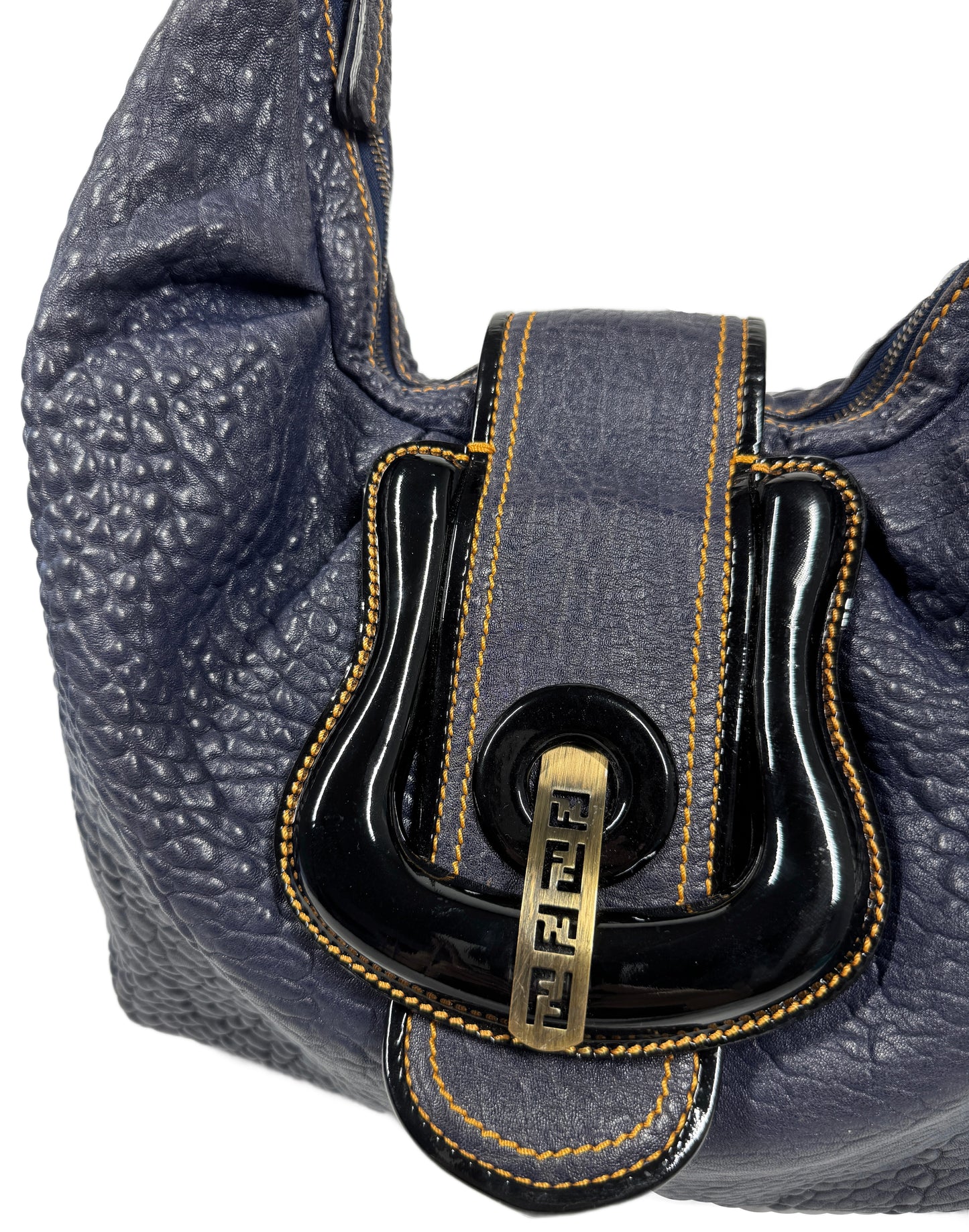 Fendi Vintage Navy Blue Leather & Black Patent Logo Buckle Large Hobo Shoulder Bag