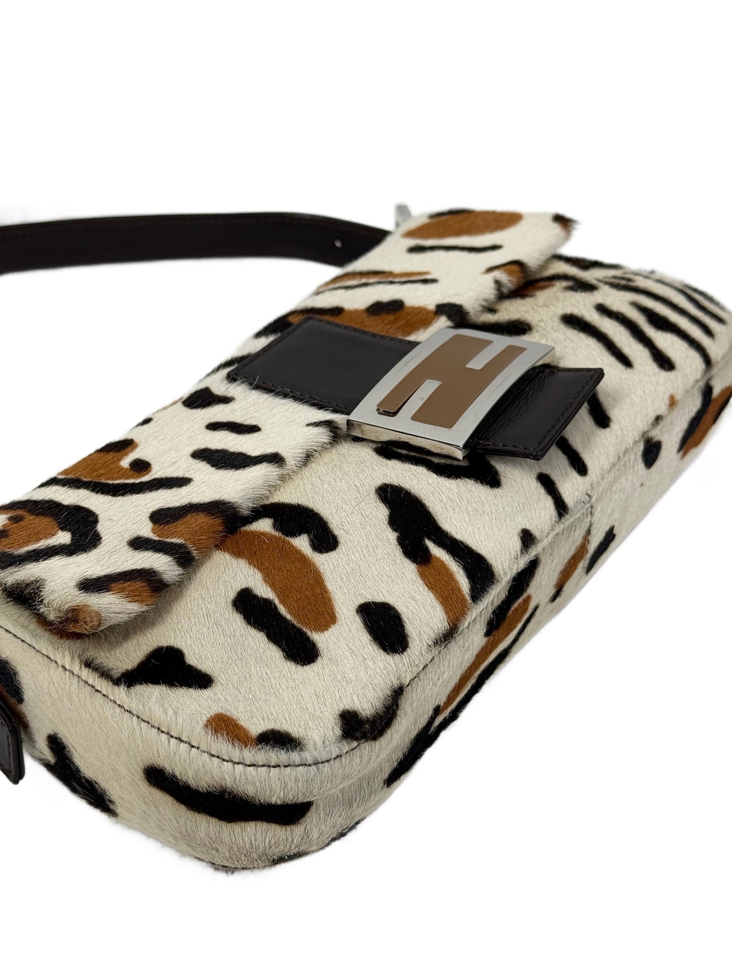 Fendi Vintage White & Brown Leopard Print Pony Hair Shoulder Baguette Bag