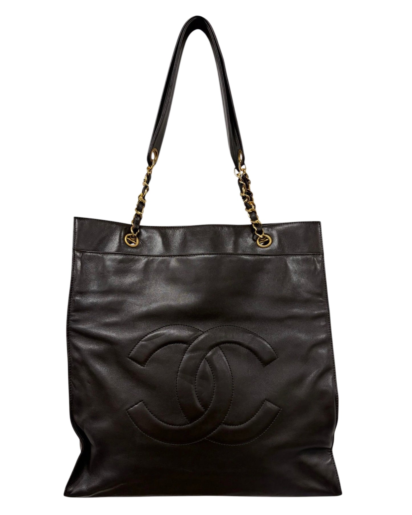 Chanel Vintage 90s Dark Brown Lambskin Timeless CC Large Shoulder Drop Chain Tote Bag
