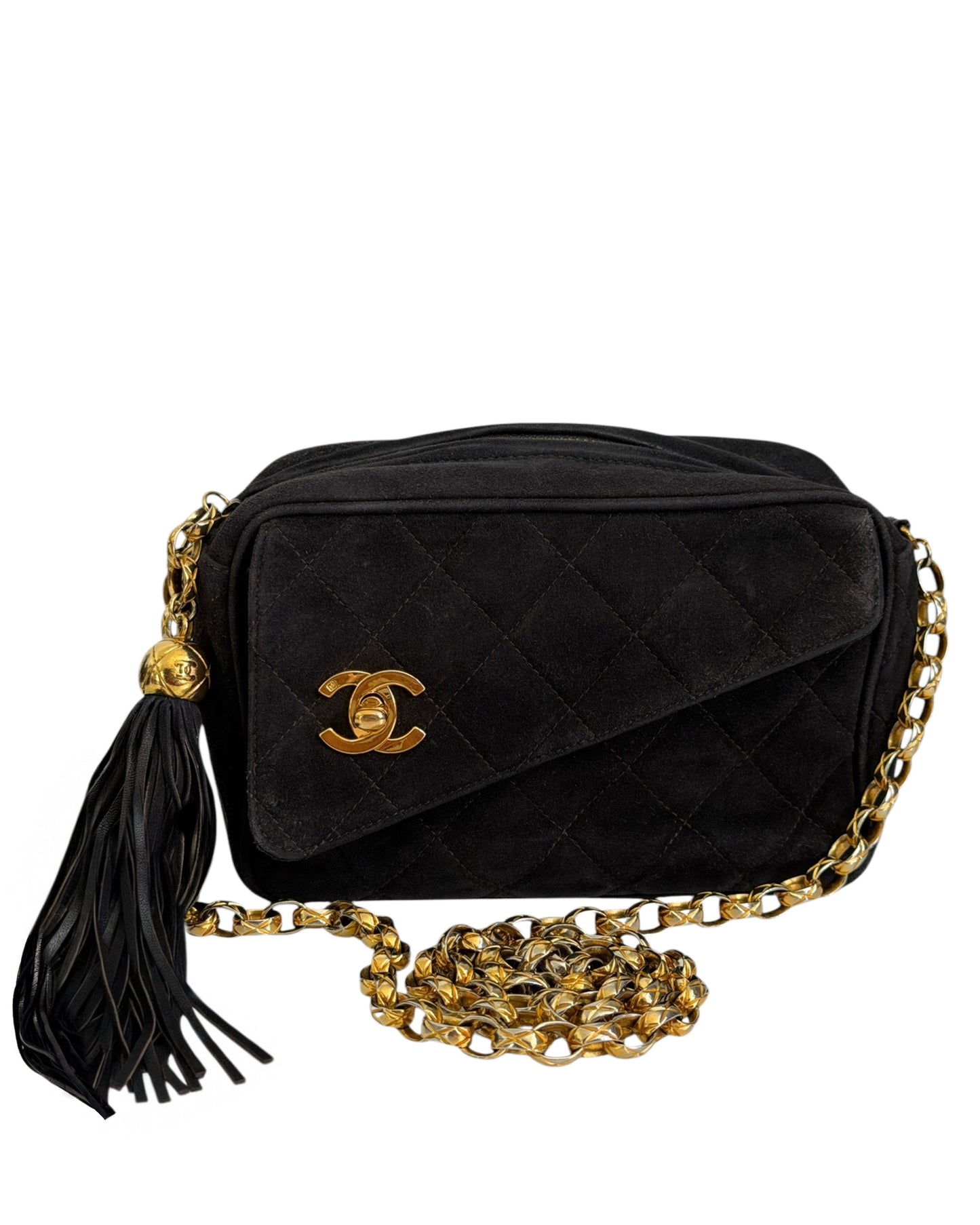 Chanel Vintage 1992 Black Quilted Suede Tassel Camera Bag with 24K GPHW 