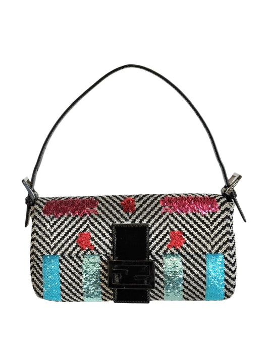 Fendi Black & White Velour Chevron Sequin Multi-color Shoulder Baguette Bag with Black Patent Leather Trim